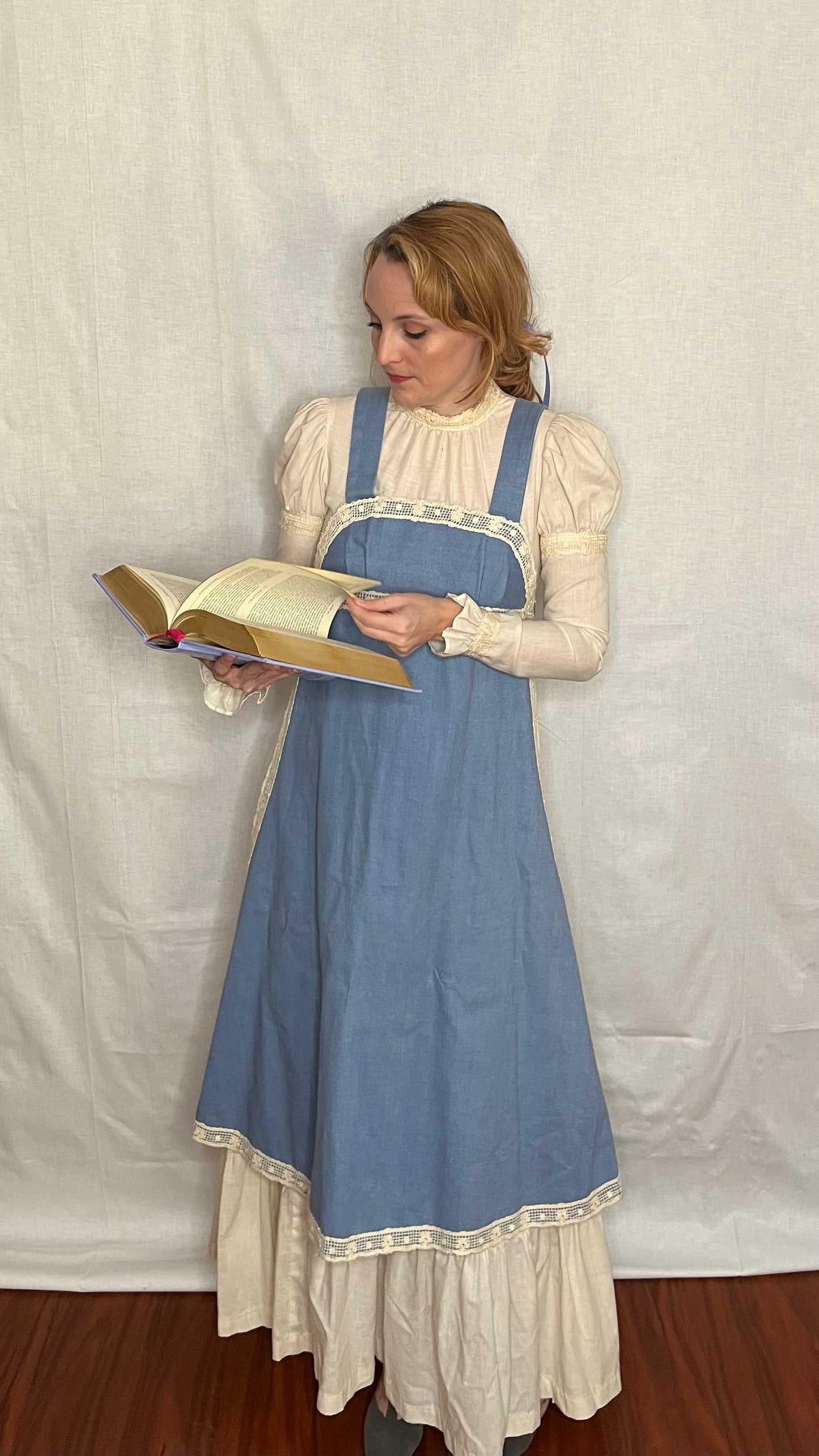 Vintage 1960’s "Gunne Sax of California" Denim Chambray and Cotton Muslin Apron Front Long Sleeve Maxi Dress