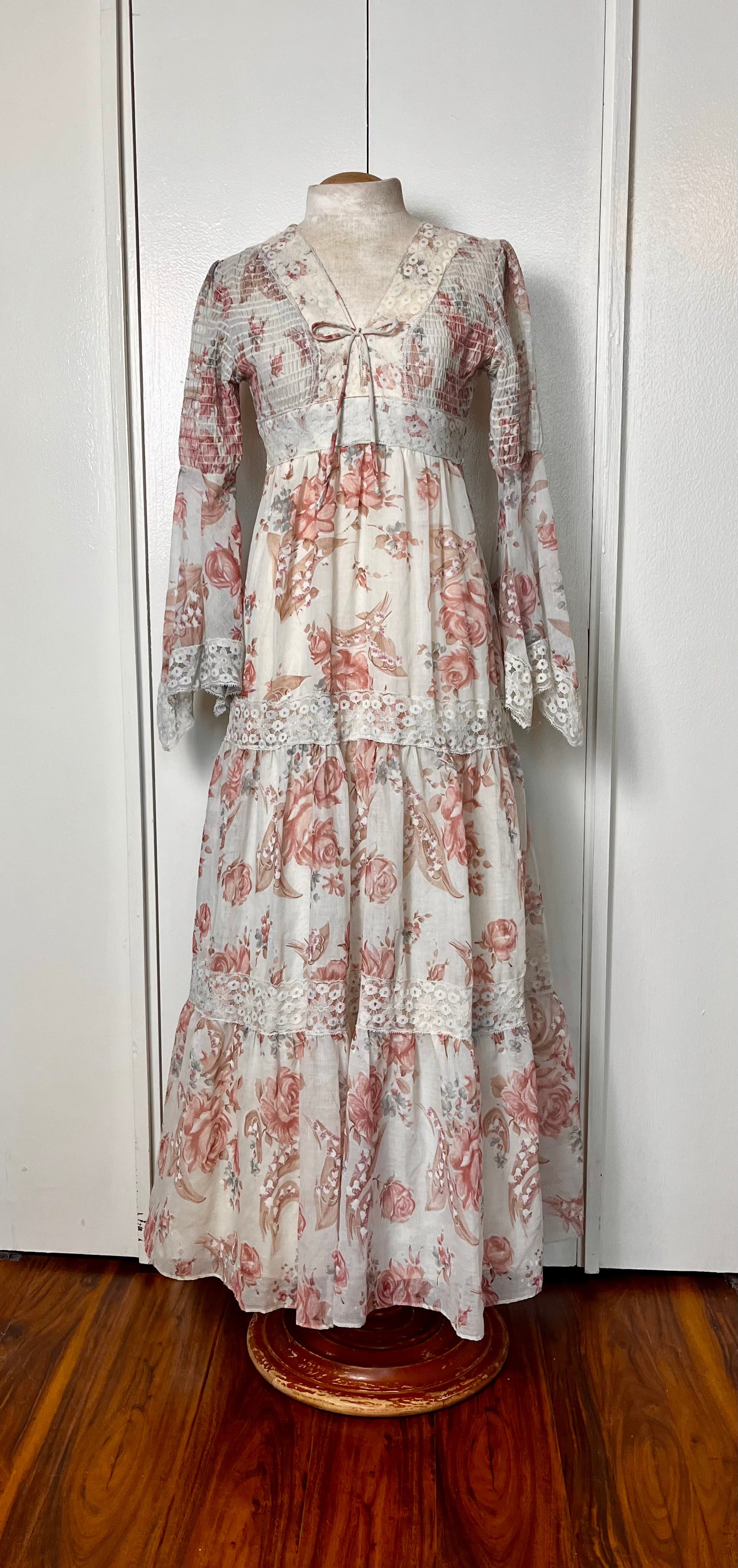 Vintage 1970's Pink Floral Trumpet Sleeve Maxi Prairie Dress Vintage 1970's Pink Floral Trumpet Sleeve Maxi Prairie Dress