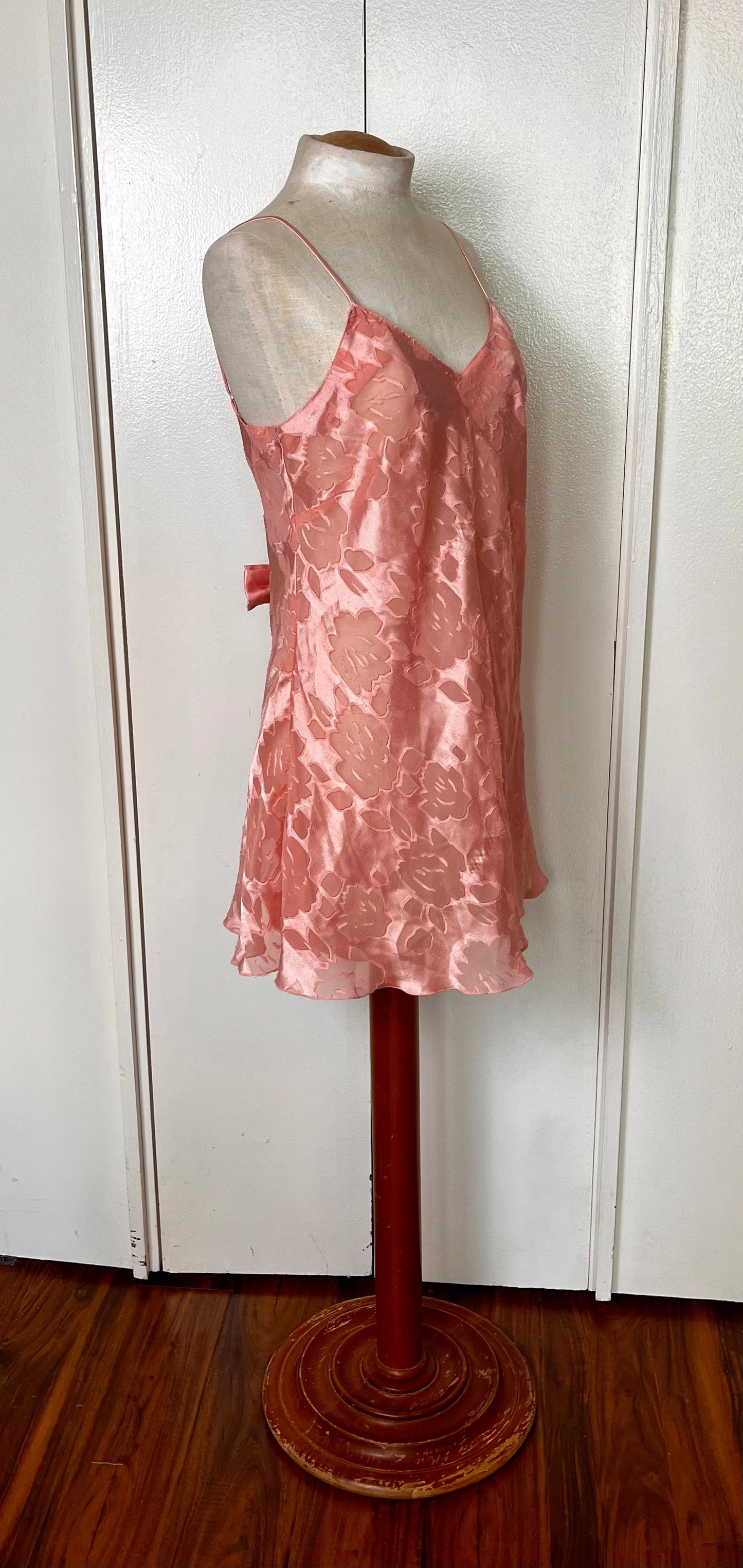 Vintage 1990's "Victoria's Secret" (Gold Label) Ballet Pink Semi-Sheer Slip Dress w/ Bow & Criss-Cross Back