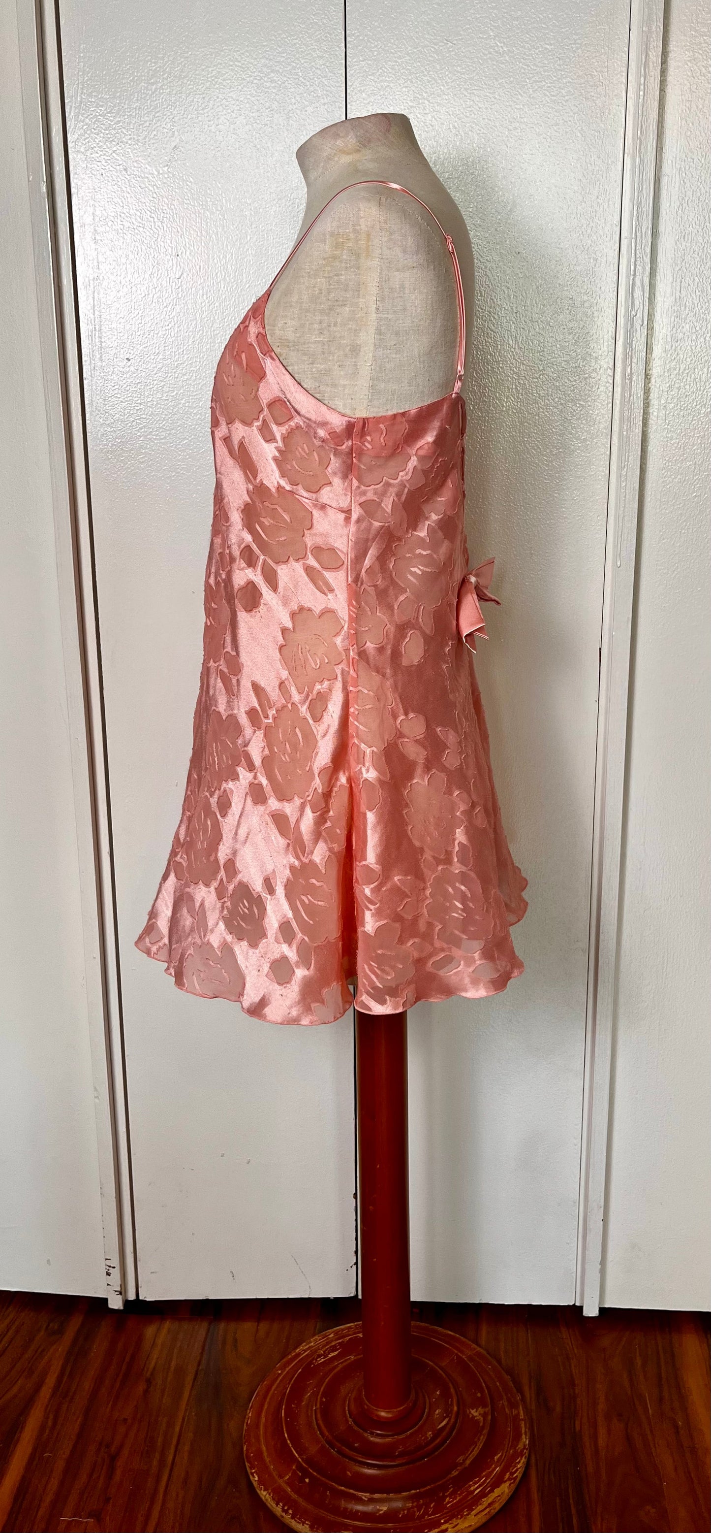 Vintage 1990's "Victoria's Secret" (Gold Label) Ballet Pink Semi-Sheer Slip Dress w/ Bow & Criss-Cross Back