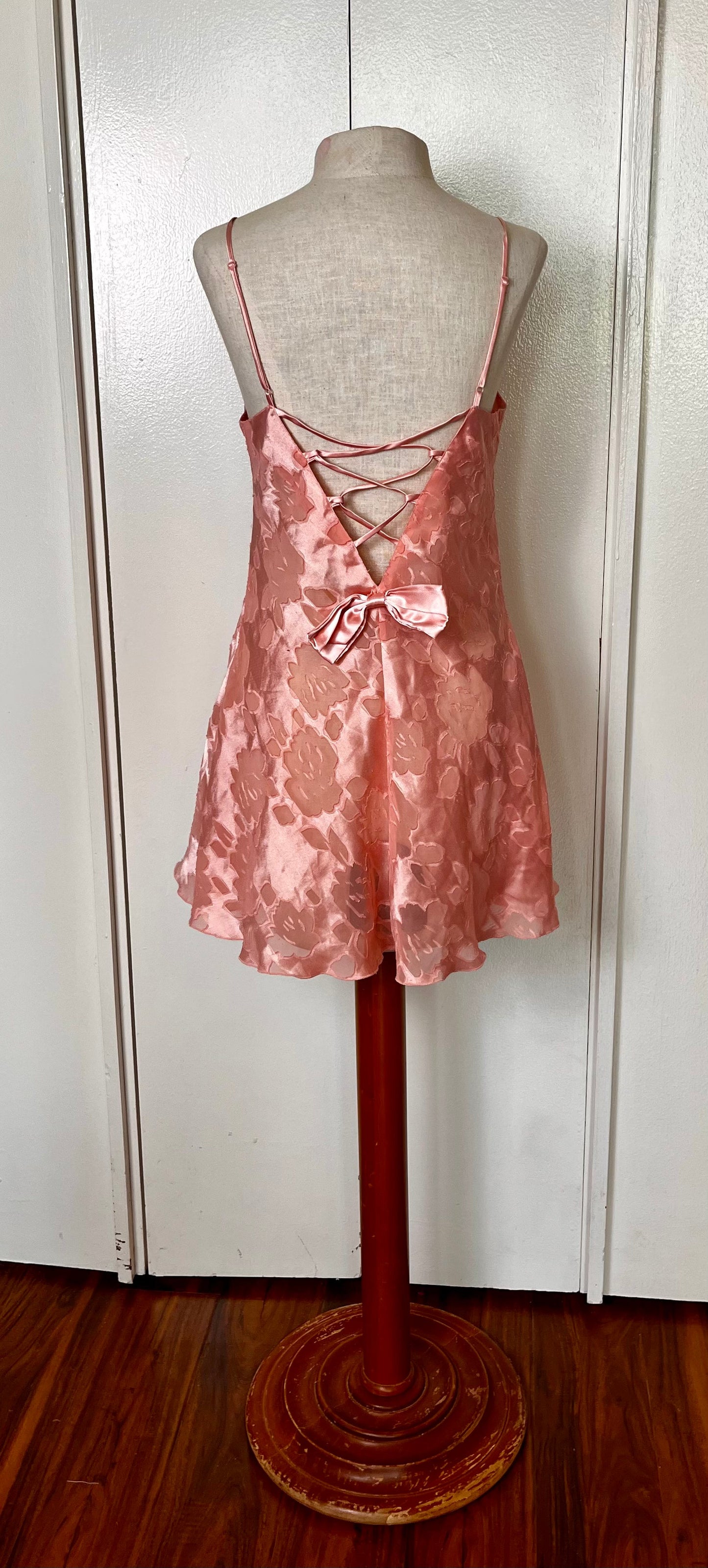 Vintage 1990's "Victoria's Secret" (Gold Label) Ballet Pink Semi-Sheer Slip Dress w/ Bow & Criss-Cross Back