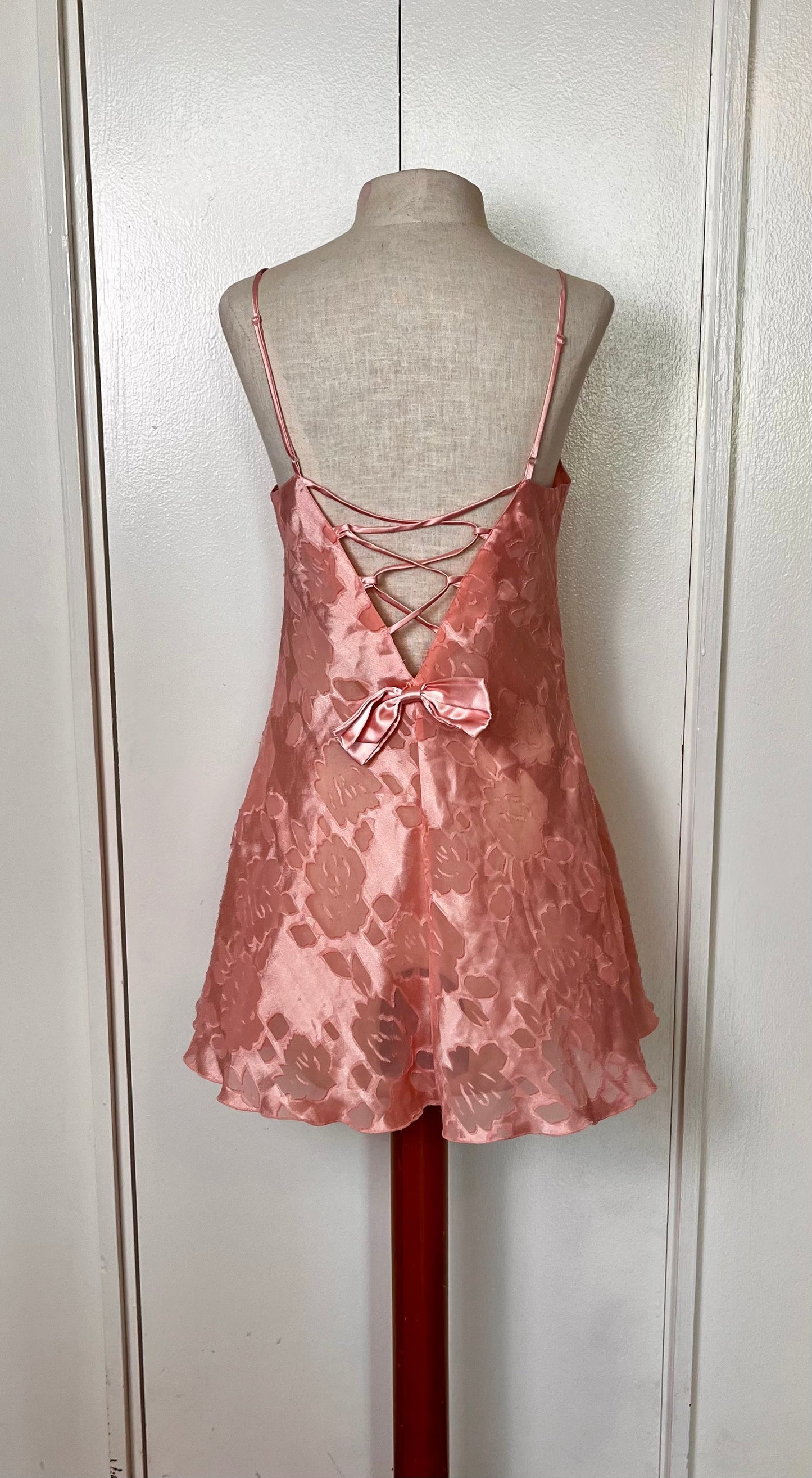 Vintage 1990's "Victoria's Secret" (Gold Label) Ballet Pink Semi-Sheer Slip Dress w/ Bow & Criss-Cross Back