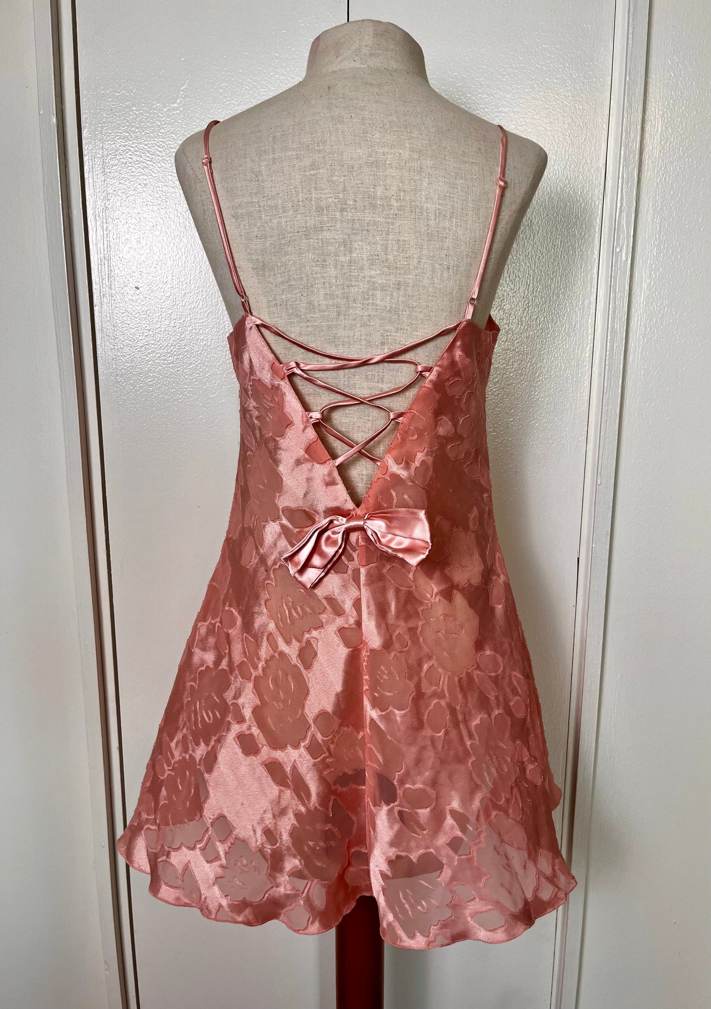 Vintage 1990's "Victoria's Secret" (Gold Label) Ballet Pink Semi-Sheer Slip Dress w/ Bow & Criss-Cross Back