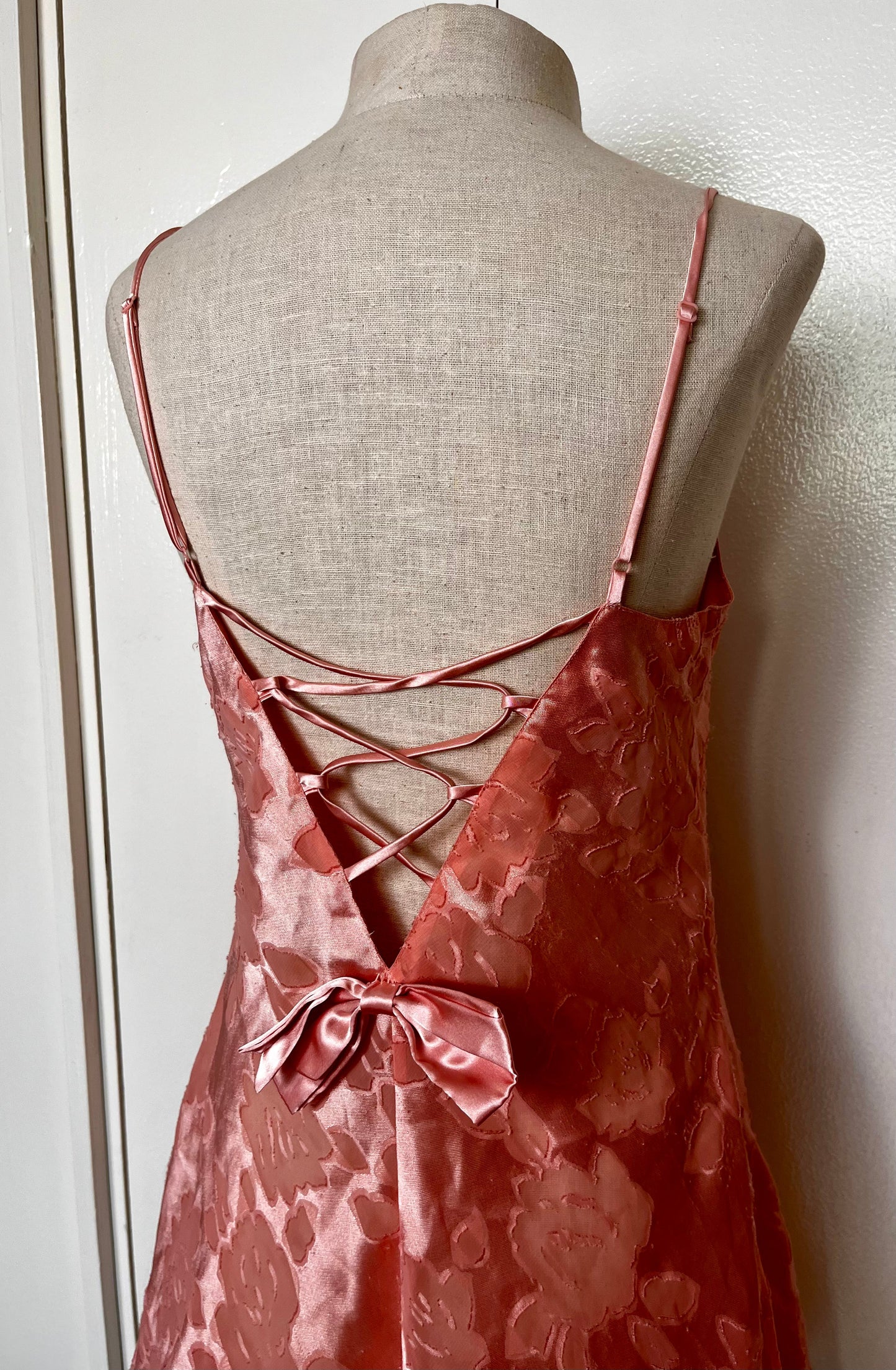 Vintage 1990's "Victoria's Secret" (Gold Label) Ballet Pink Semi-Sheer Slip Dress w/ Bow & Criss-Cross Back