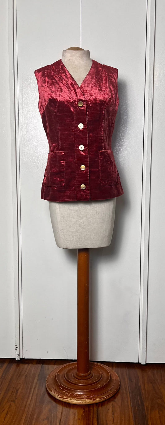 Vintage 1970's Cranberry-Red Crushed Velvet Waistcoat Vest