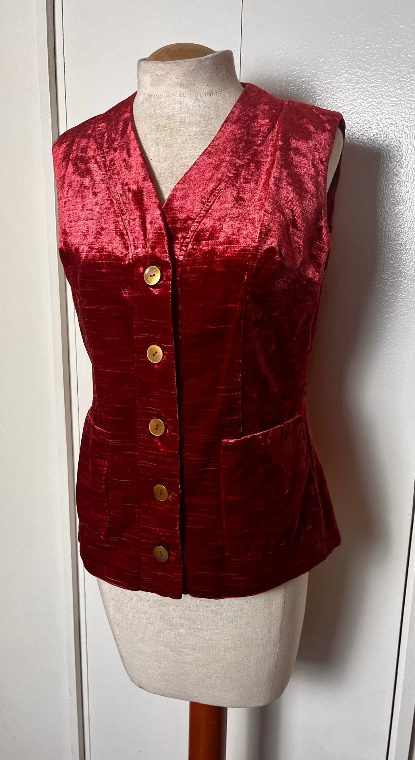 Vintage 1970's Cranberry-Red Crushed Velvet Waistcoat Vest