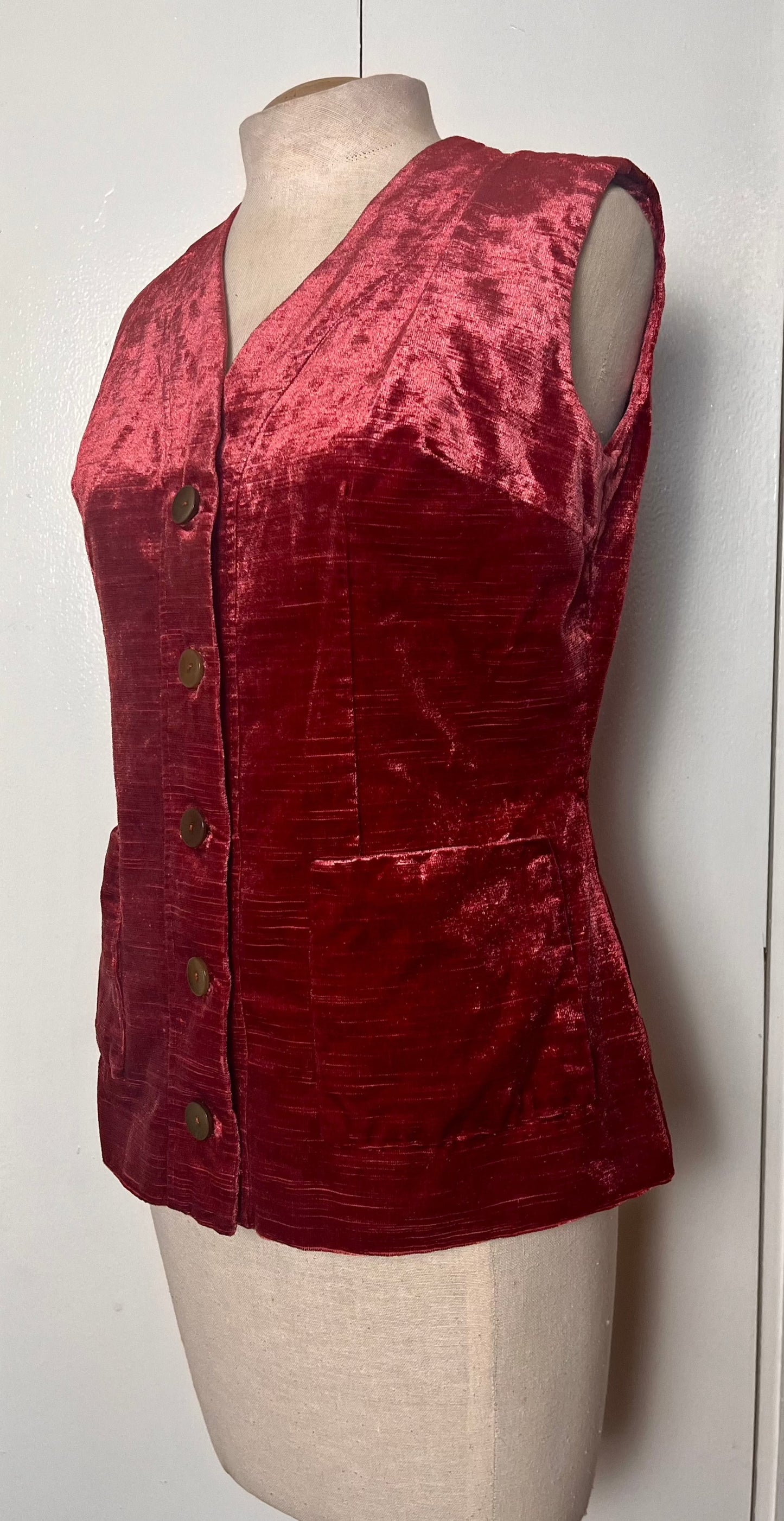 Vintage 1970's Cranberry-Red Crushed Velvet Waistcoat Vest