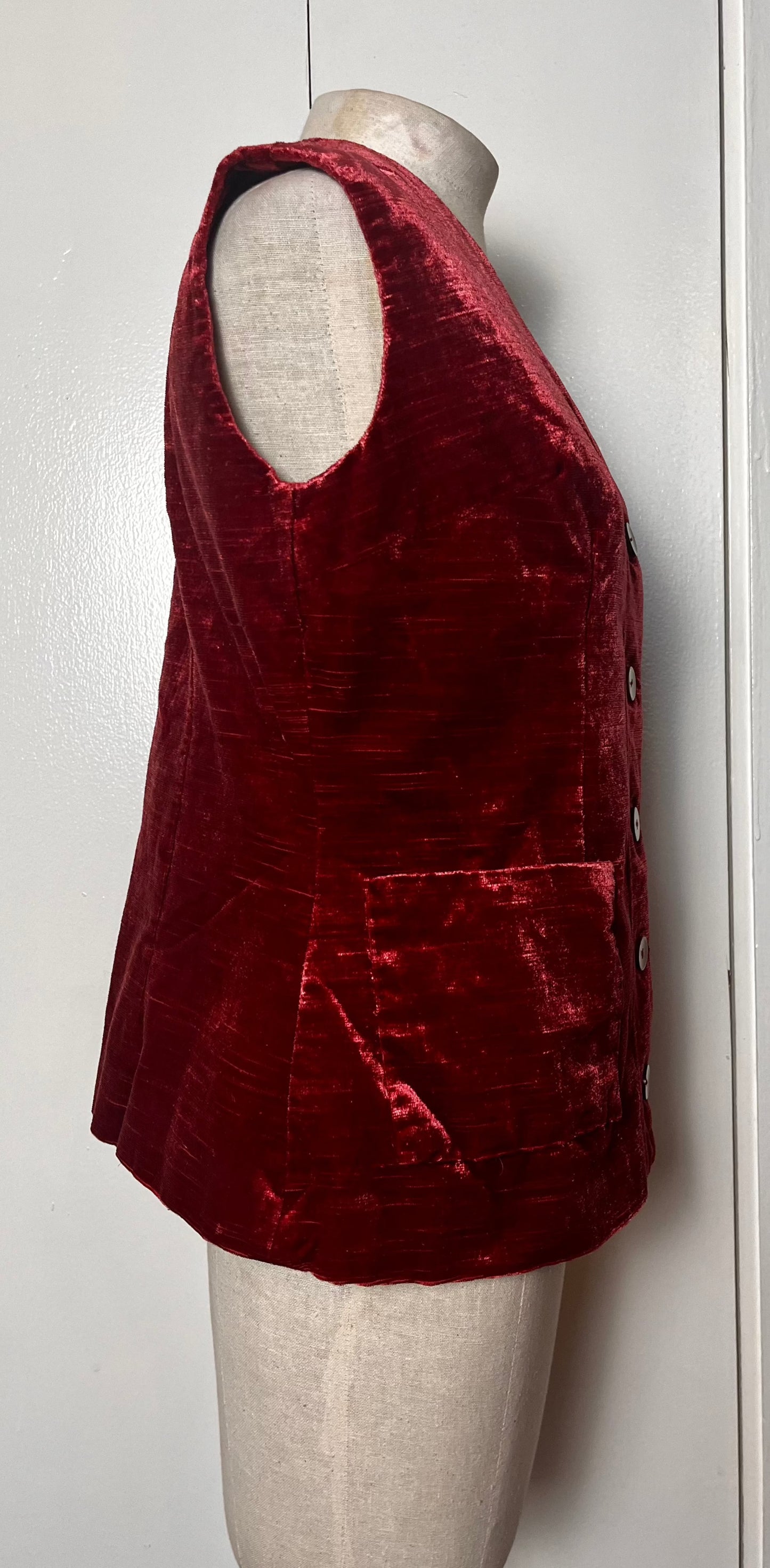 Vintage 1970's Cranberry-Red Crushed Velvet Waistcoat Vest