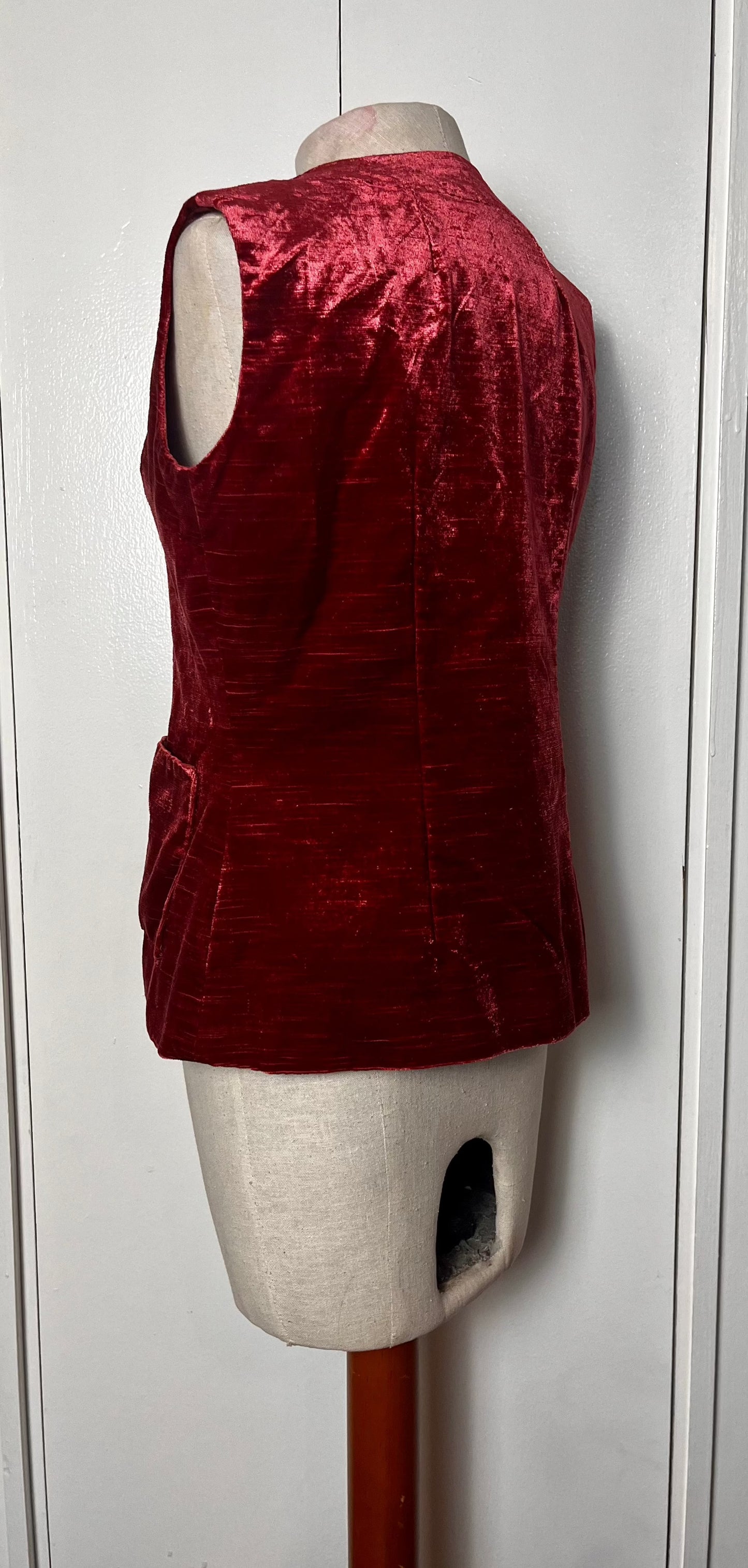 Vintage 1970's Cranberry-Red Crushed Velvet Waistcoat Vest