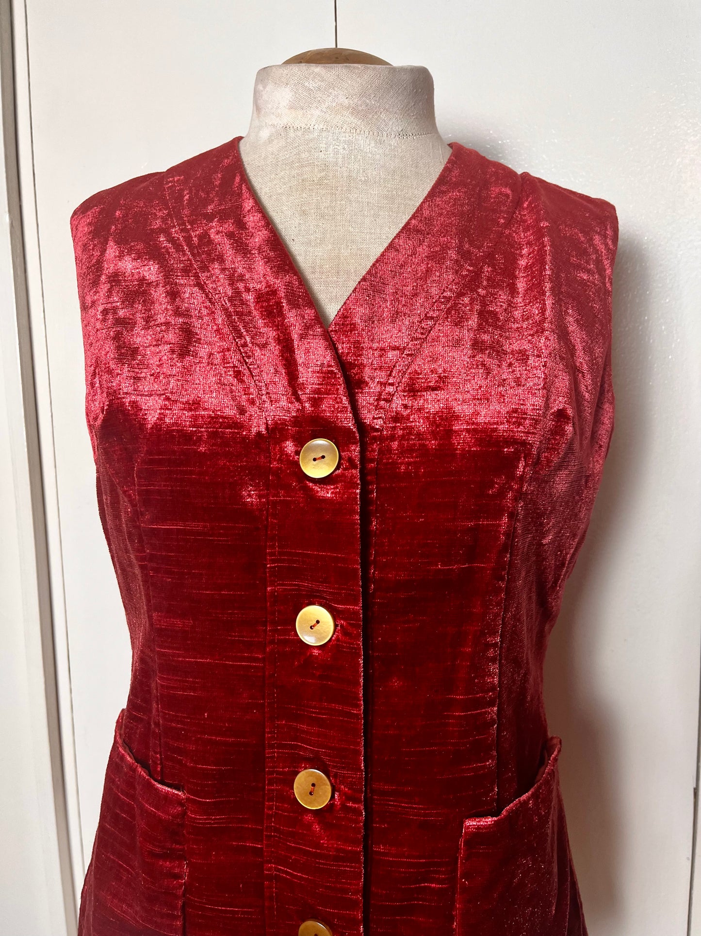 Vintage 1970's Cranberry-Red Crushed Velvet Waistcoat Vest