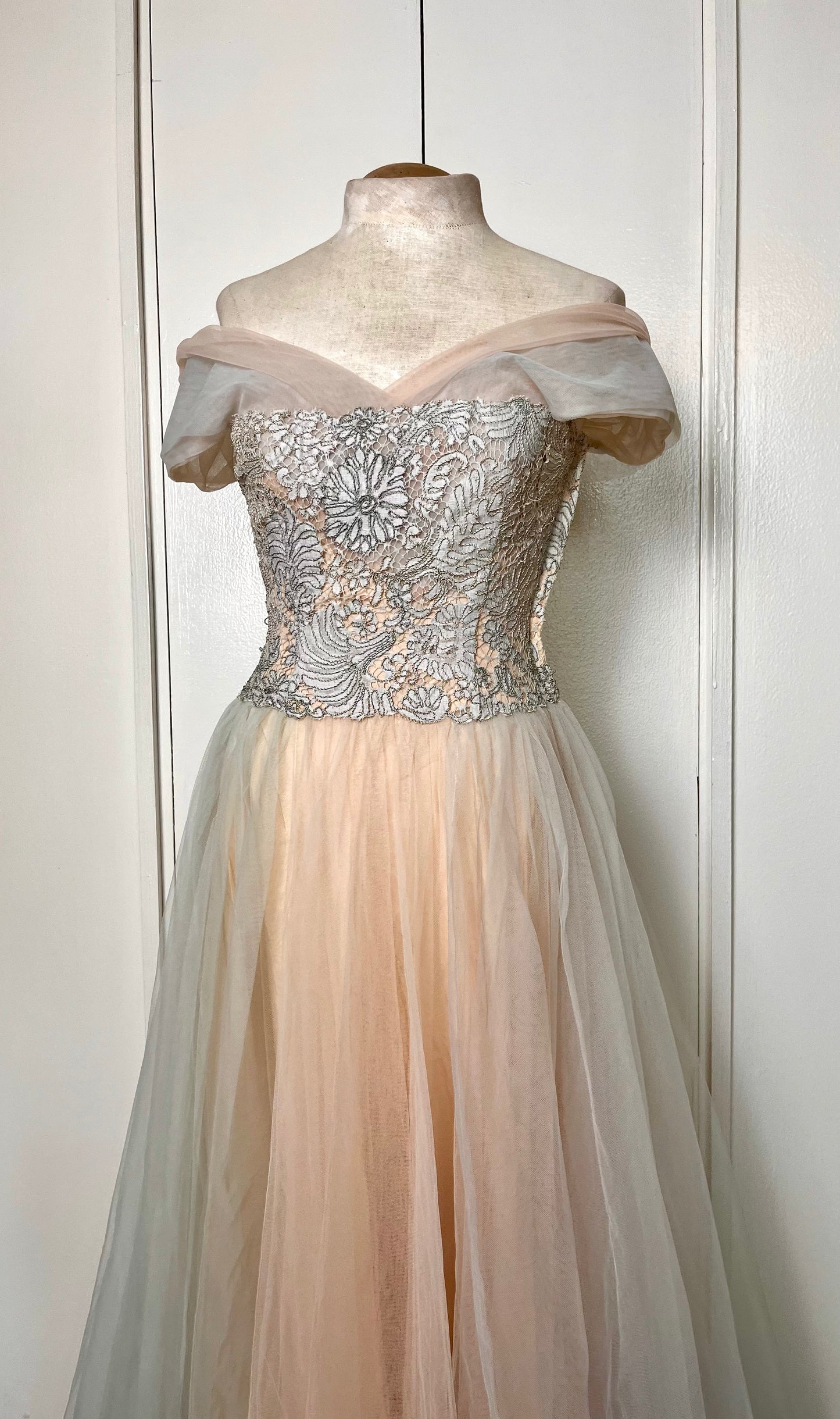 Vintage 1950's "Anne Verdi of New York" Blush Pink & Blue Tulle Gown