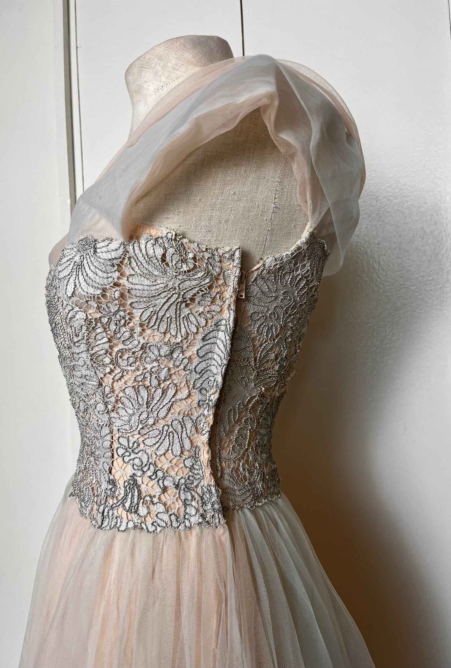 Vintage 1950's "Anne Verdi of New York" Blush Pink & Blue Tulle Gown