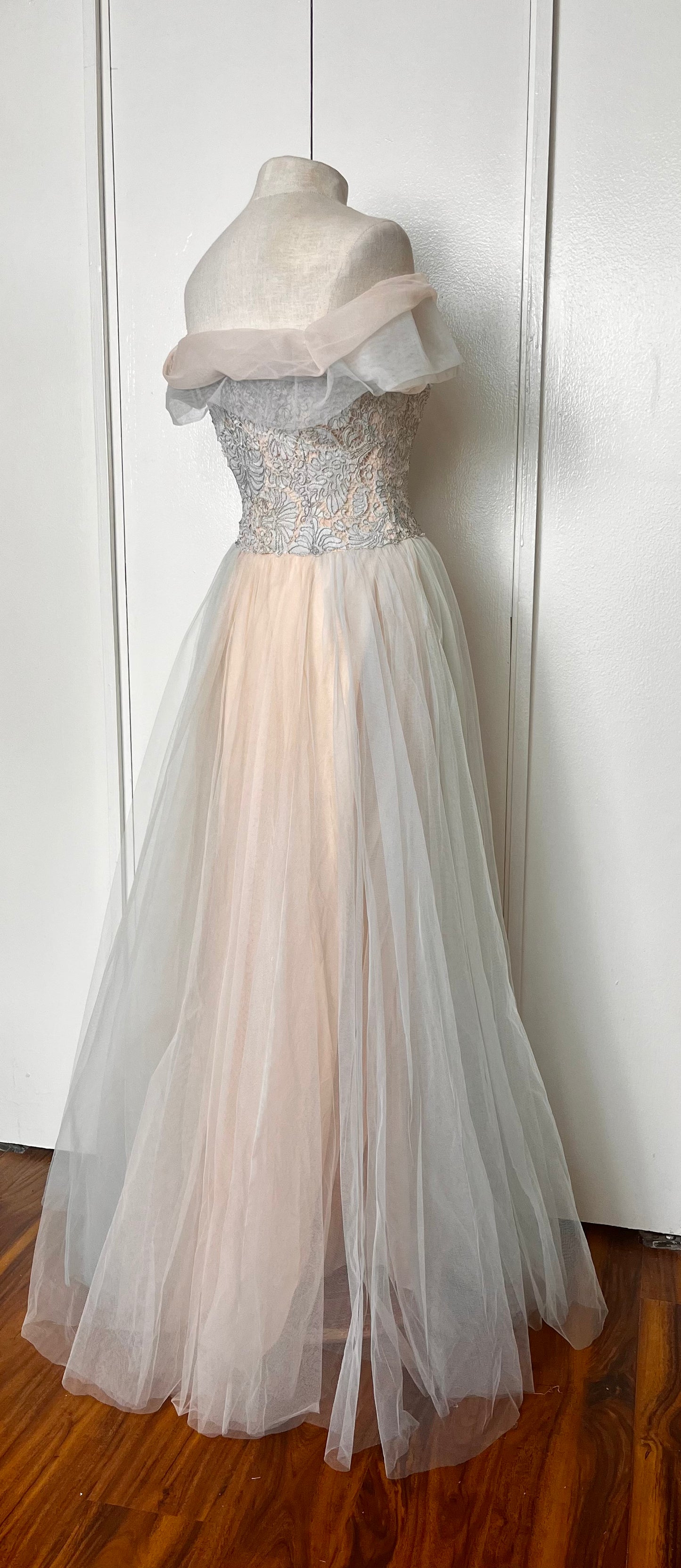 Vintage 1950's "Anne Verdi of New York" Blush Pink & Blue Tulle Gown