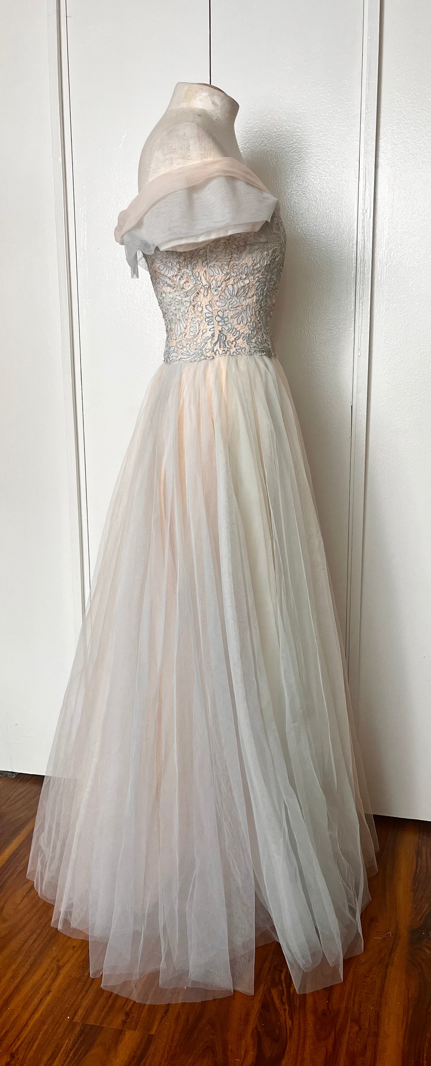 Vintage 1950's "Anne Verdi of New York" Blush Pink & Blue Tulle Gown