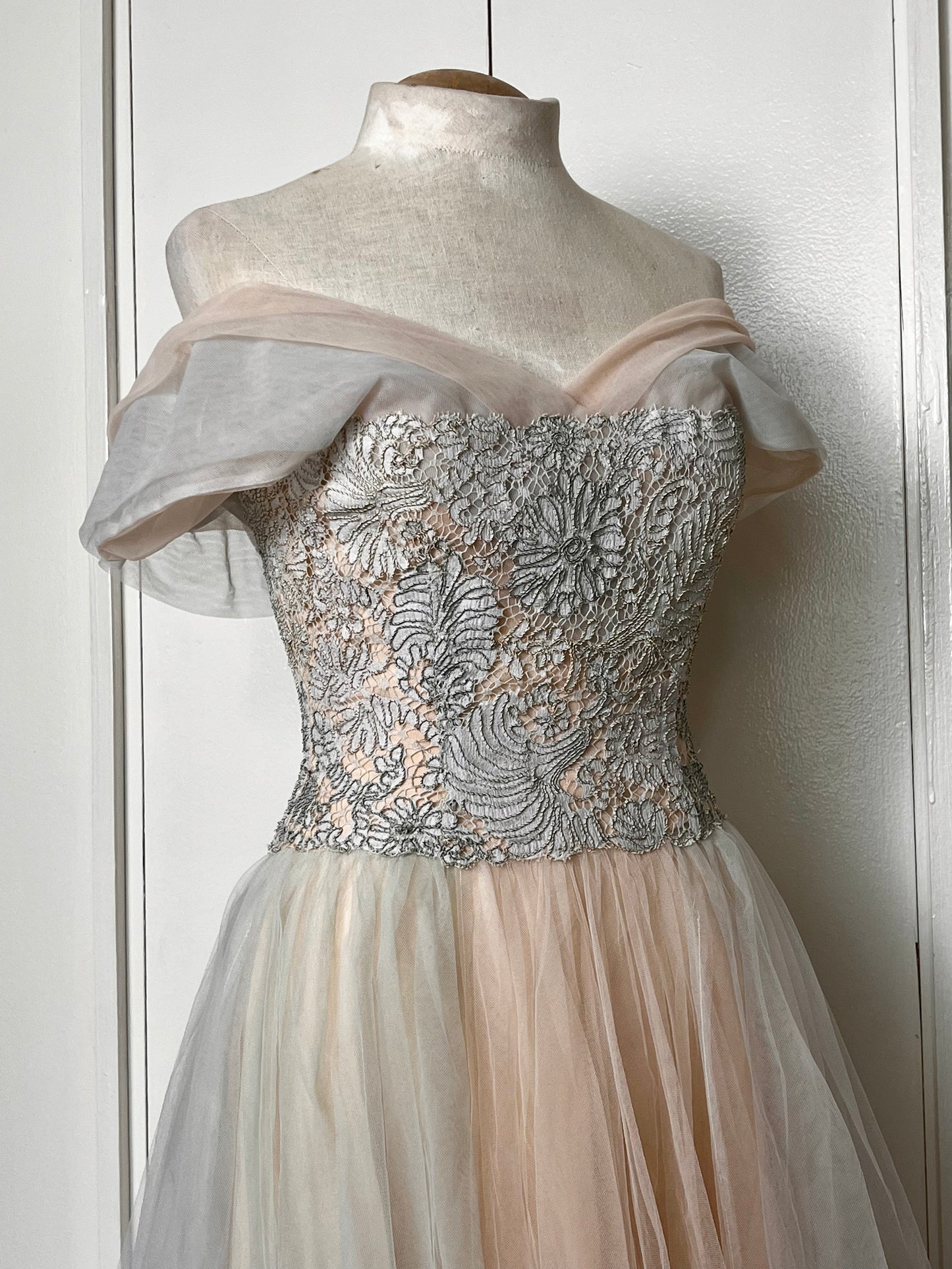 Vintage 1950's "Anne Verdi of New York" Blush Pink & Blue Tulle Gown