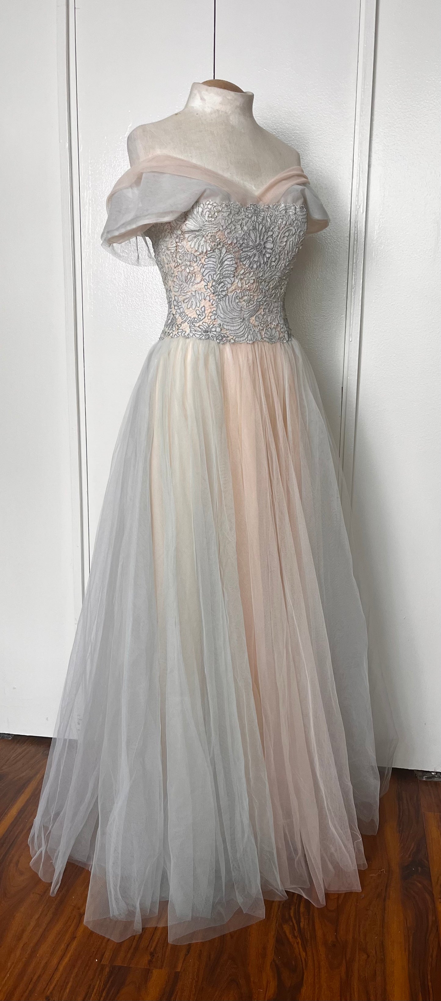 Vintage 1950's "Anne Verdi of New York" Blush Pink & Blue Tulle Gown