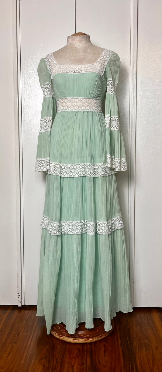 Vintage 1970's "Roberta" Green Prairie Dress