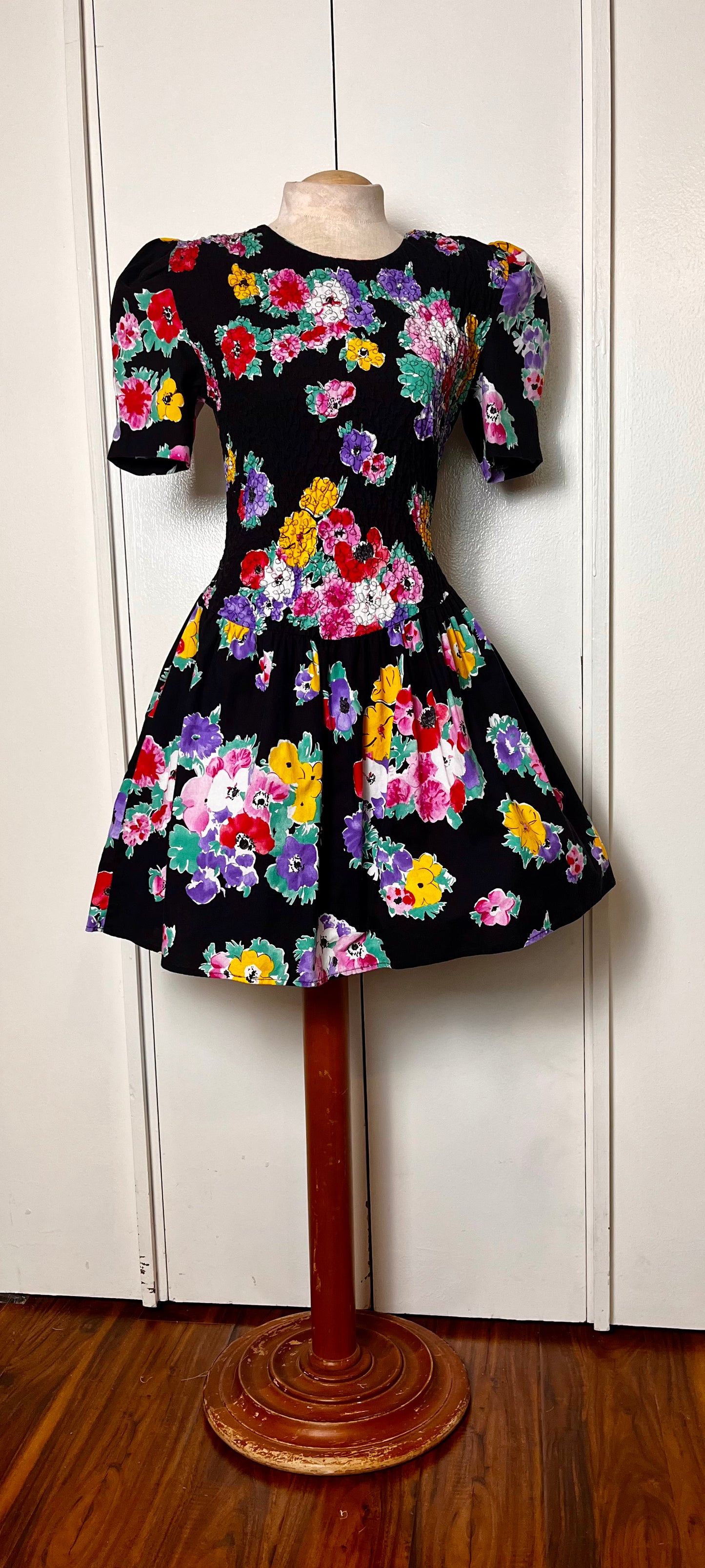 Vintage 1980's "Disorderly Conduct" Rainbow Floral Black Mini Dress