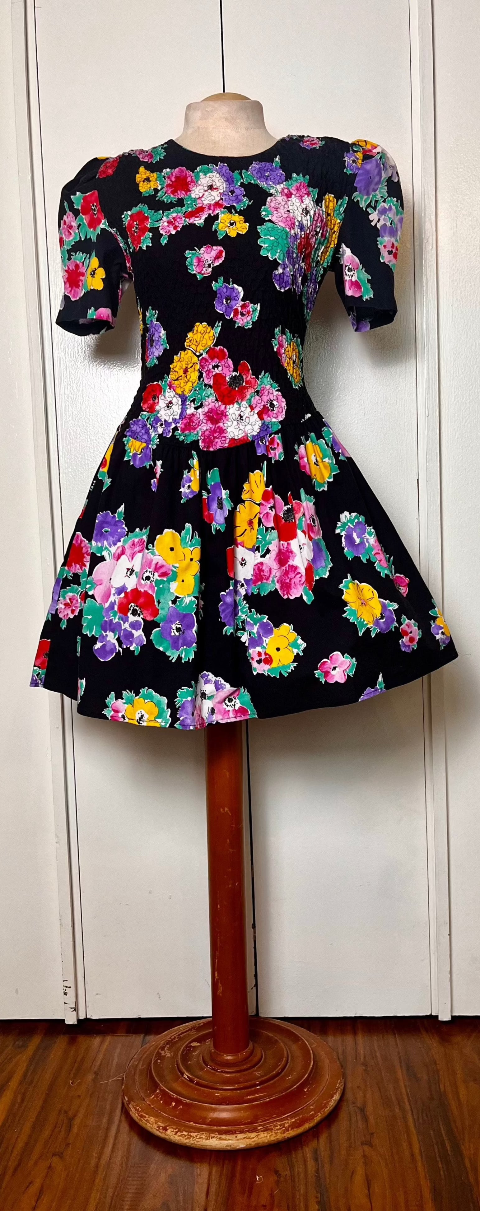 Vintage 1980's Disorderly Conduct Rainbow Floral Black Mini Dress Vintage 1980's Disorderly Conduct Rainbow Floral Black Mini Dress