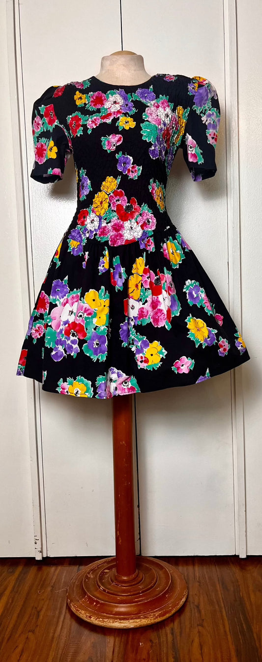 Vintage 1980's "Disorderly Conduct" Rainbow Floral Black Mini Dress