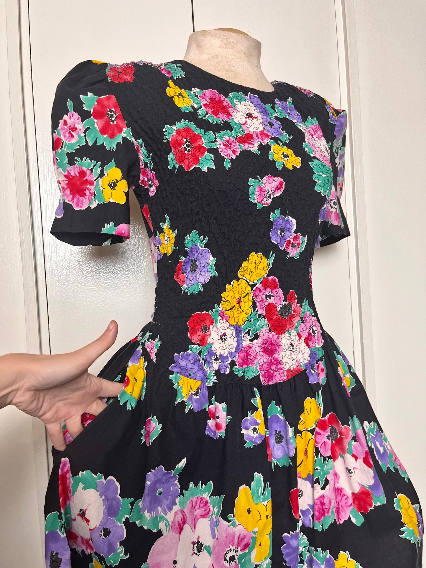 Vintage 1980's "Disorderly Conduct" Rainbow Floral Black Mini Dress