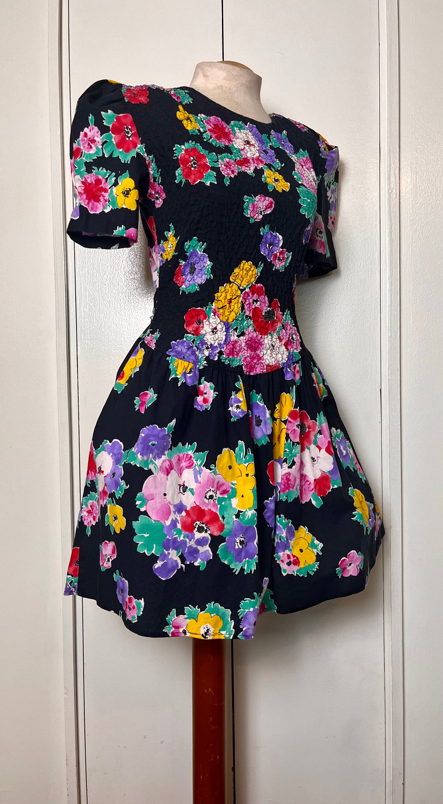 Vintage 1980's "Disorderly Conduct" Rainbow Floral Black Mini Dress