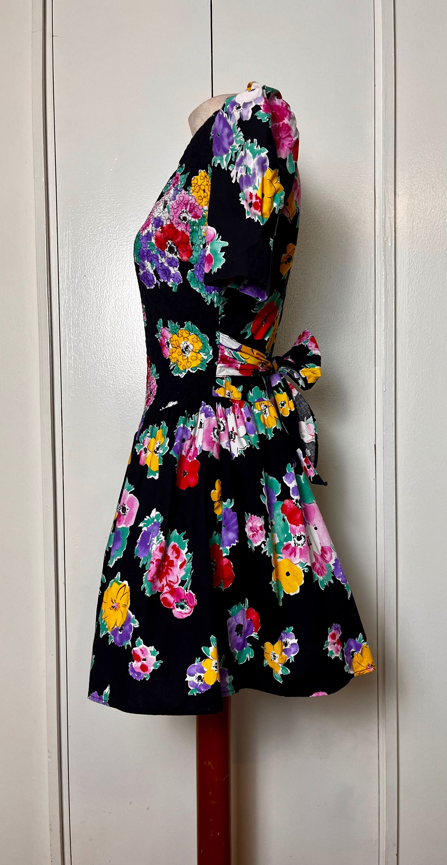 Vintage 1980's "Disorderly Conduct" Rainbow Floral Black Mini Dress