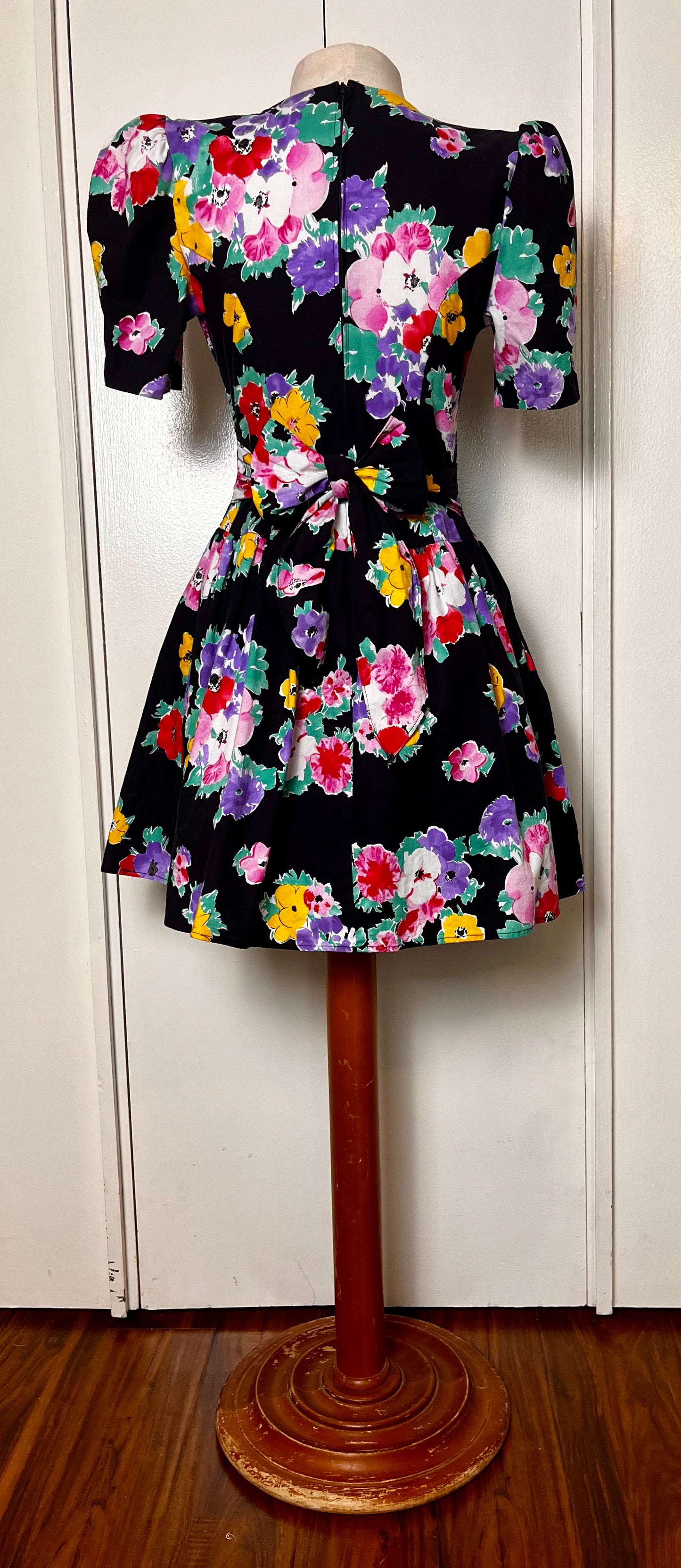 Vintage 1980's "Disorderly Conduct" Rainbow Floral Black Mini Dress