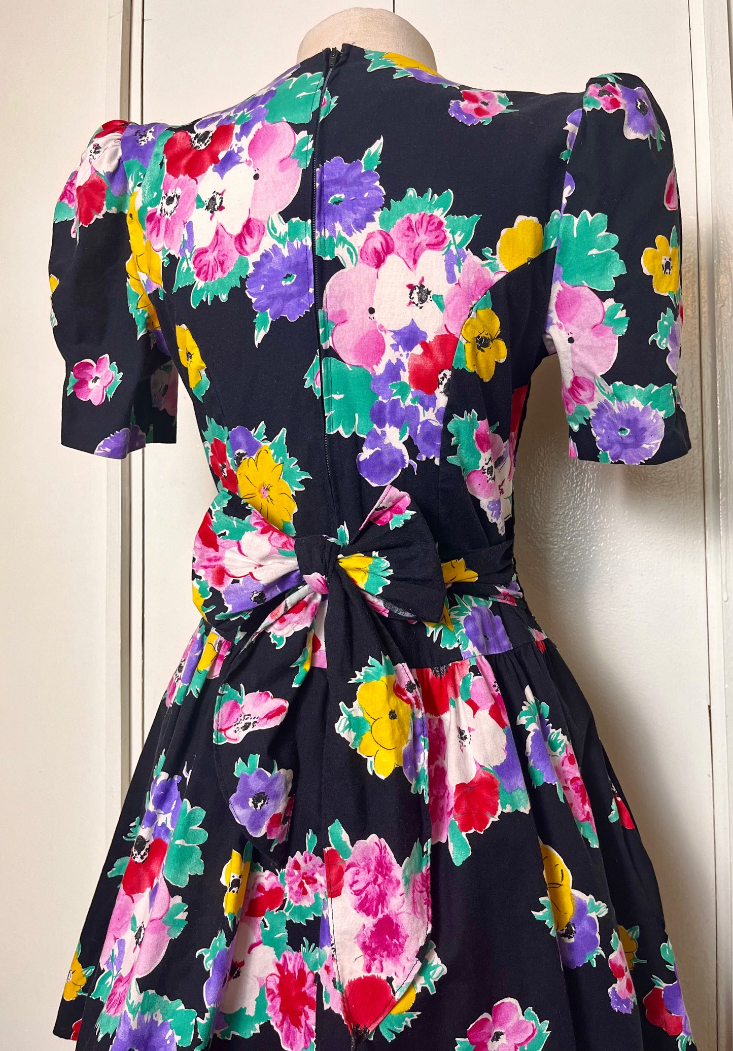 Vintage 1980's "Disorderly Conduct" Rainbow Floral Black Mini Dress