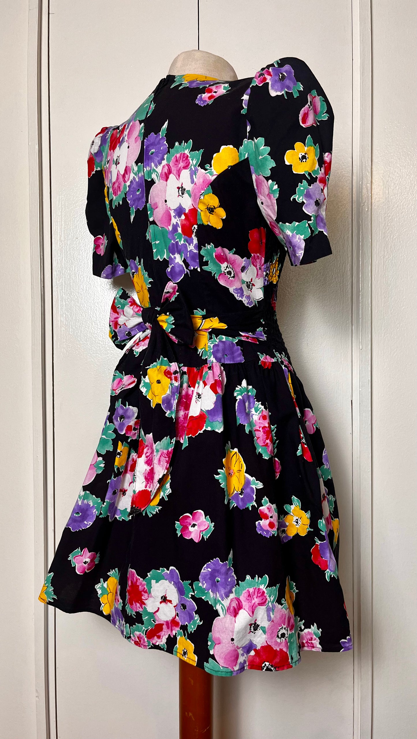 Vintage 1980's "Disorderly Conduct" Rainbow Floral Black Mini Dress