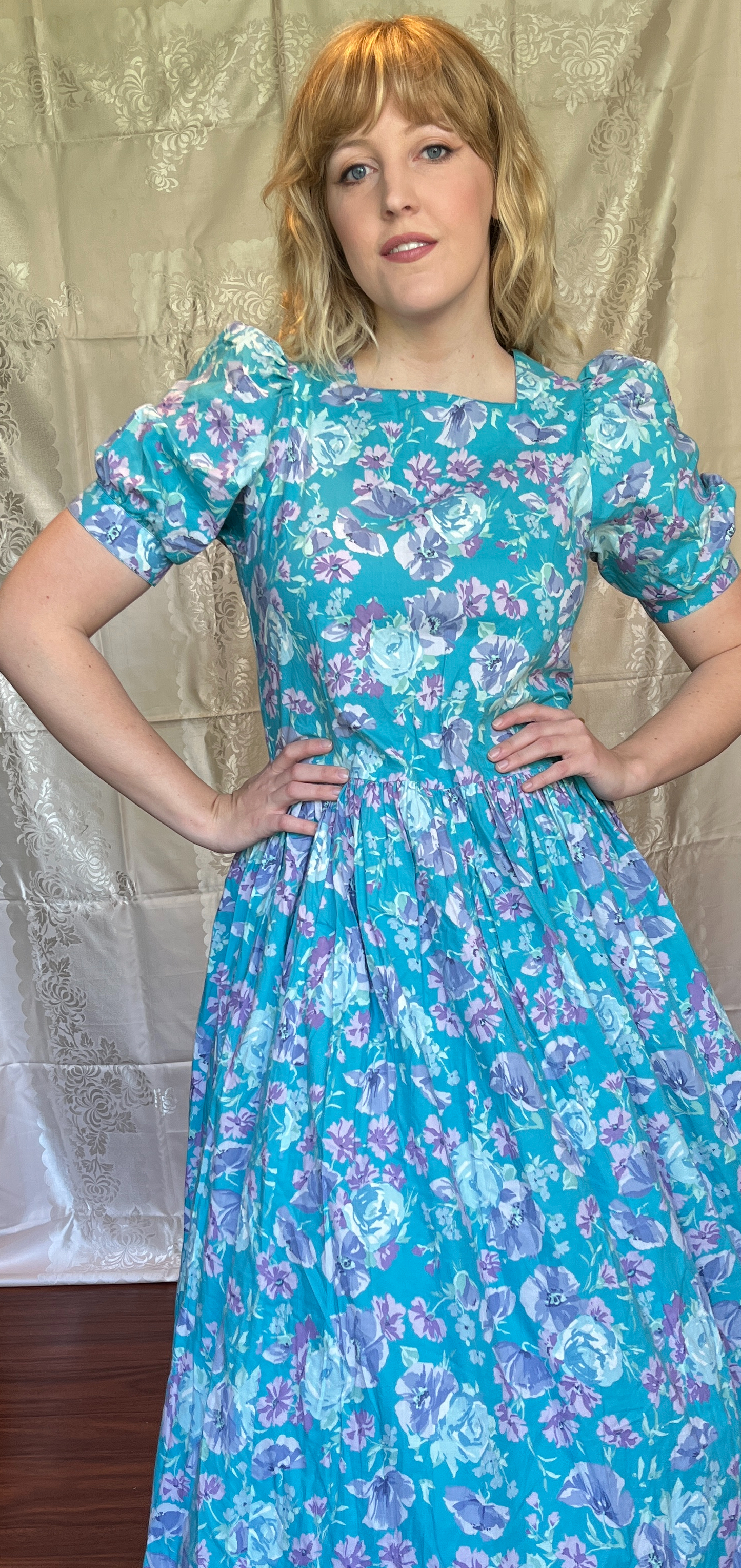 Vintage 1980’s "Laura Ashley" Aqua with Blue & Purple Floral Dress