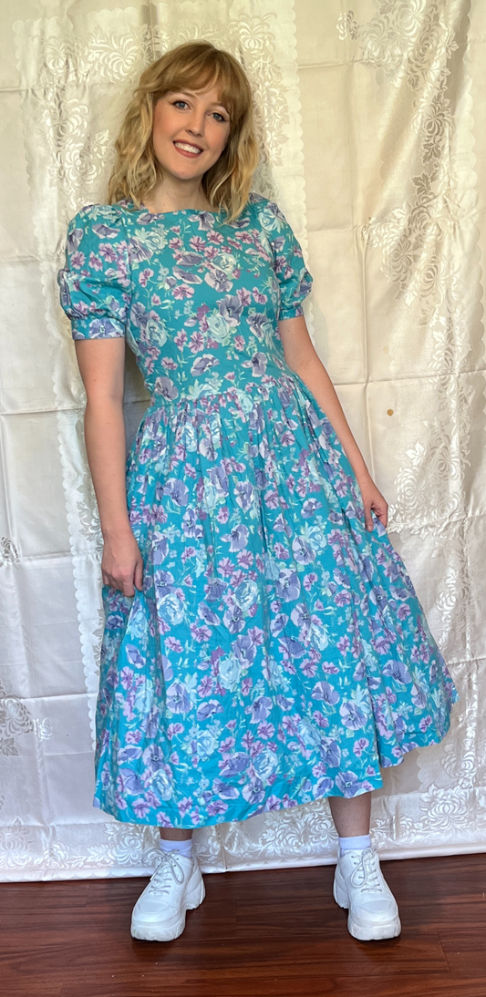 Vintage 1980’s "Laura Ashley" Aqua with Blue & Purple Floral Dress