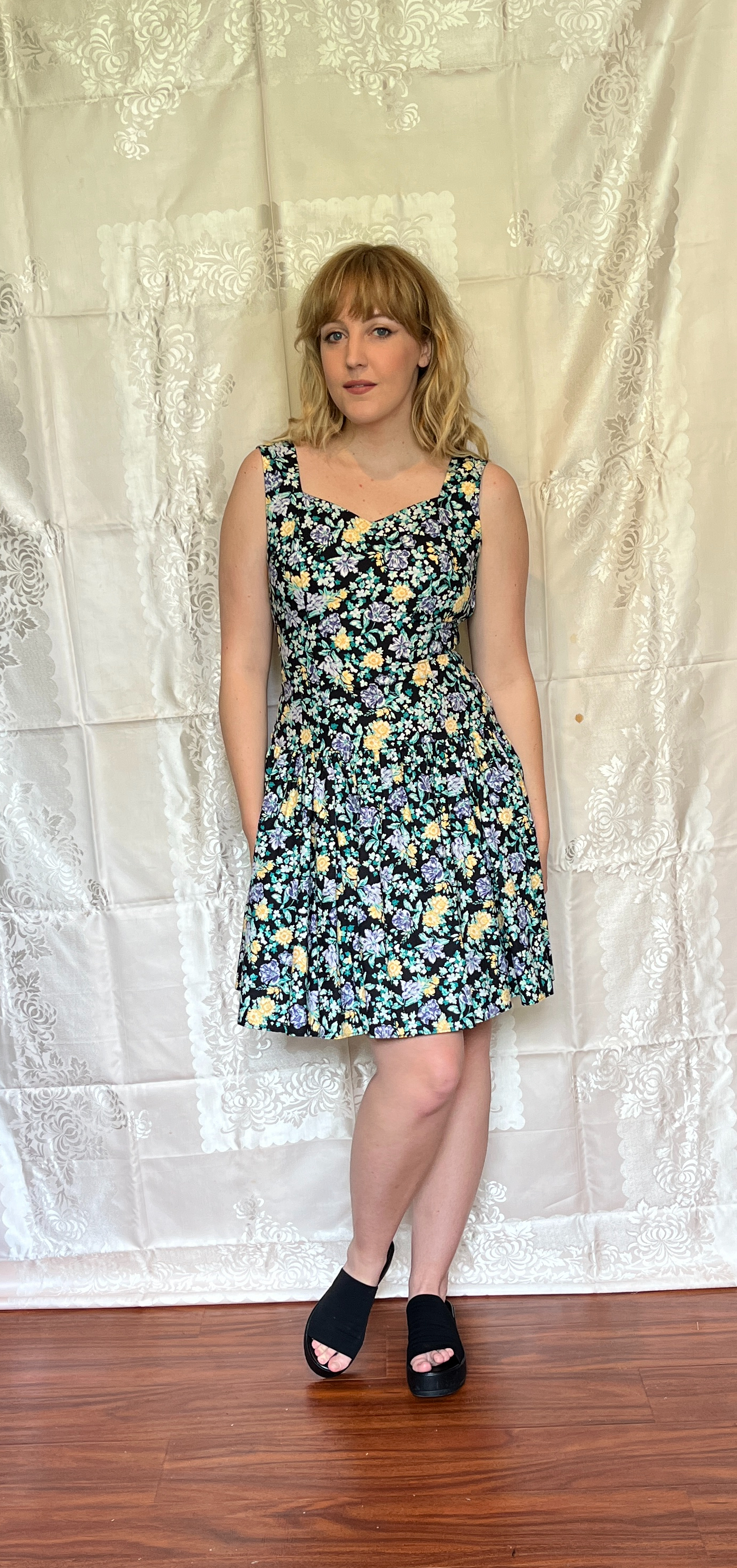 Vintage 1980’s "Laura Ashley" Black with Blue & Yellow Floral Dress