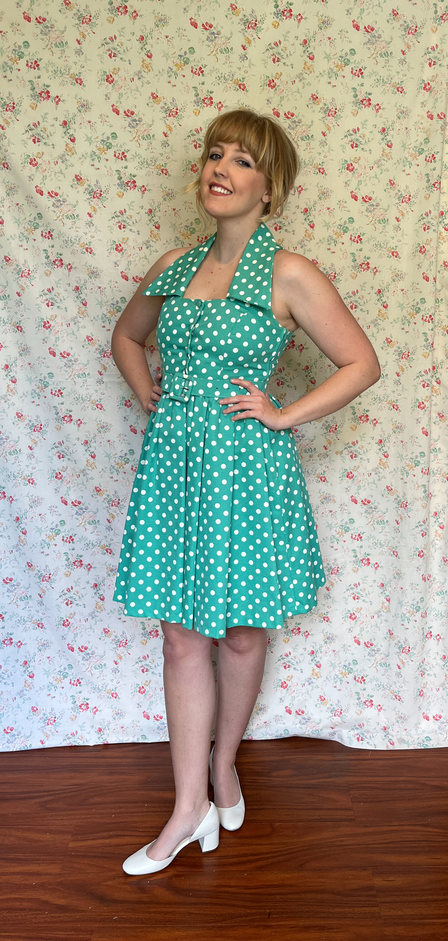 Vintage 1990’s "Laura Ashley" Green & White Polka Dot Halter Dress