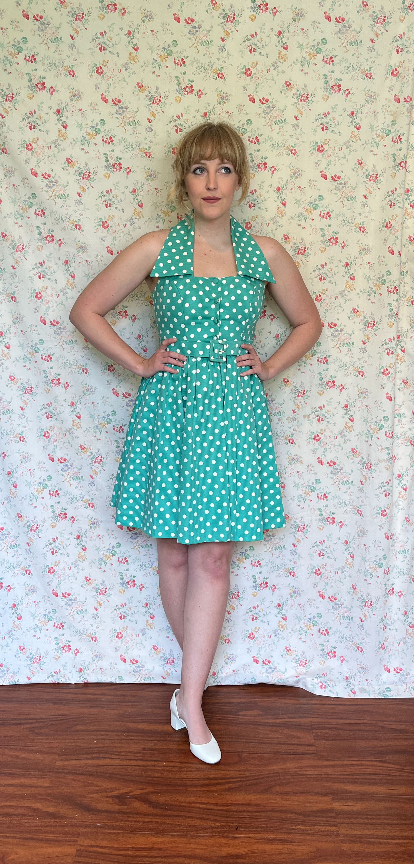 Vintage 1990’s "Laura Ashley" Green & White Polka Dot Halter Dress