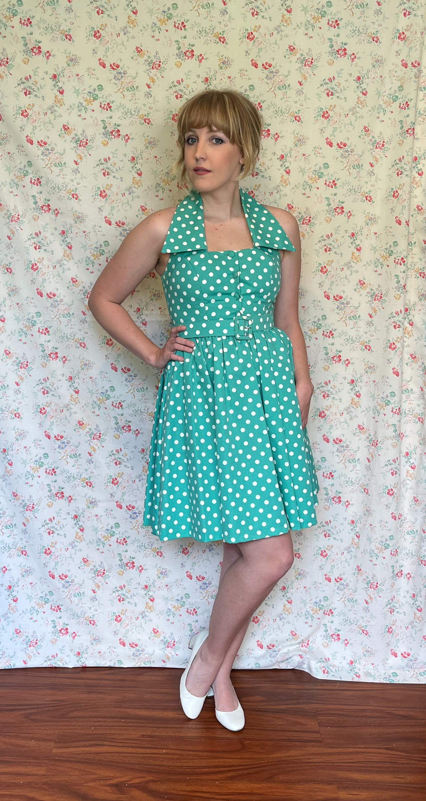 Vintage 1990’s "Laura Ashley" Green & White Polka Dot Halter Dress