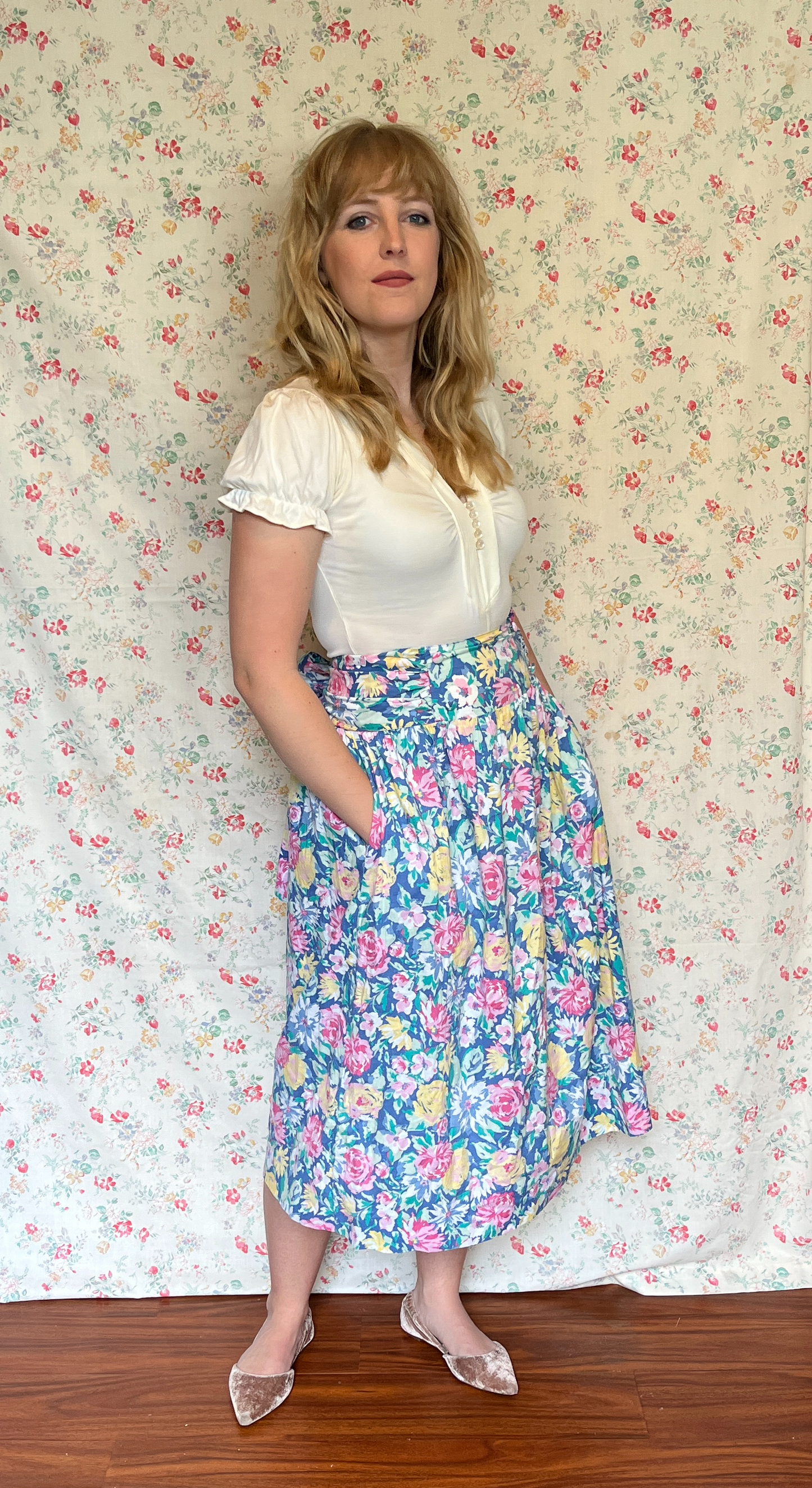 Vintage 1980’s "Laura Ashley" Blue, Pink & Yellow Floral Midi Skirt with Sash