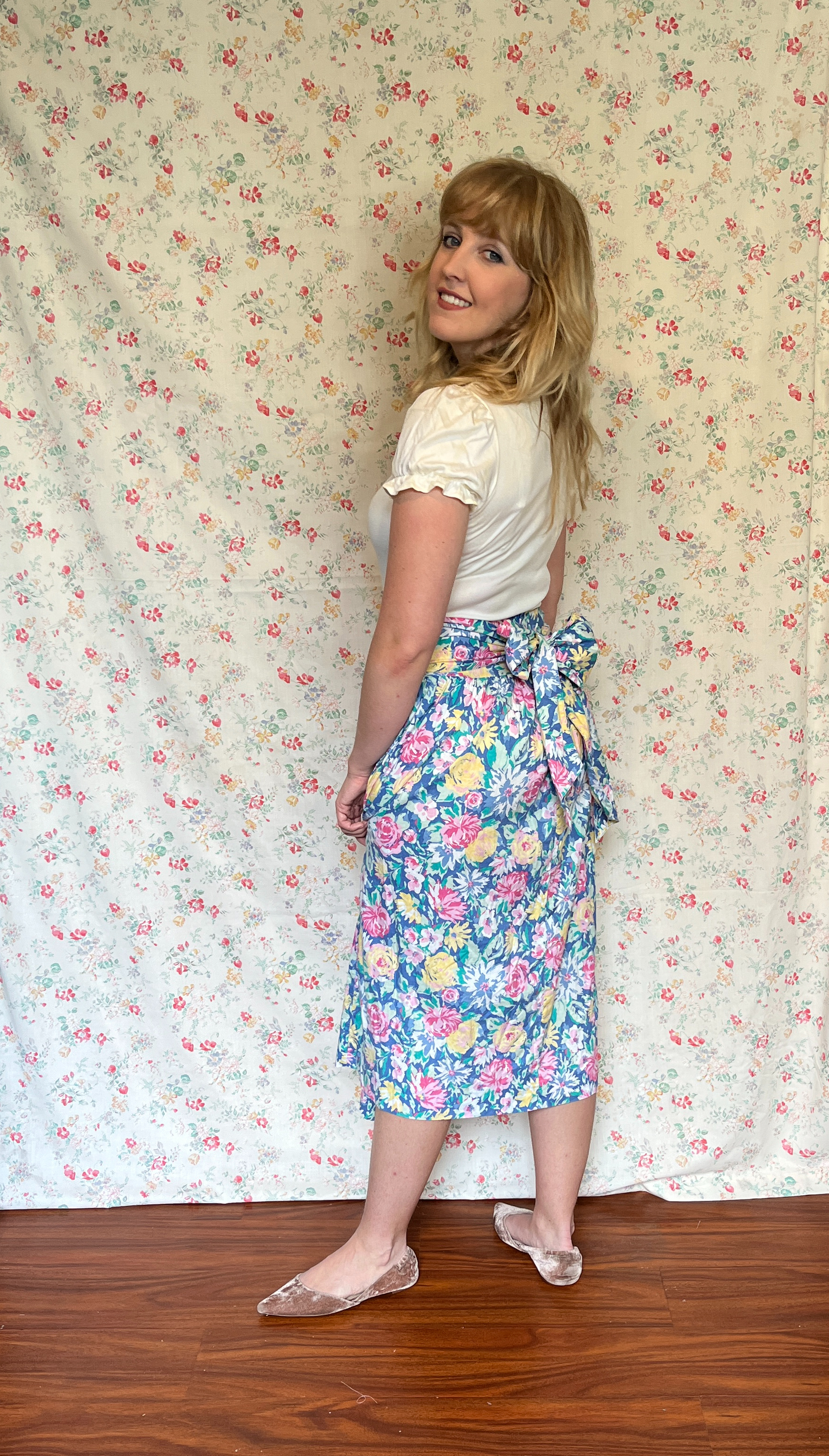 Vintage 1980’s "Laura Ashley" Blue, Pink & Yellow Floral Midi Skirt with Sash