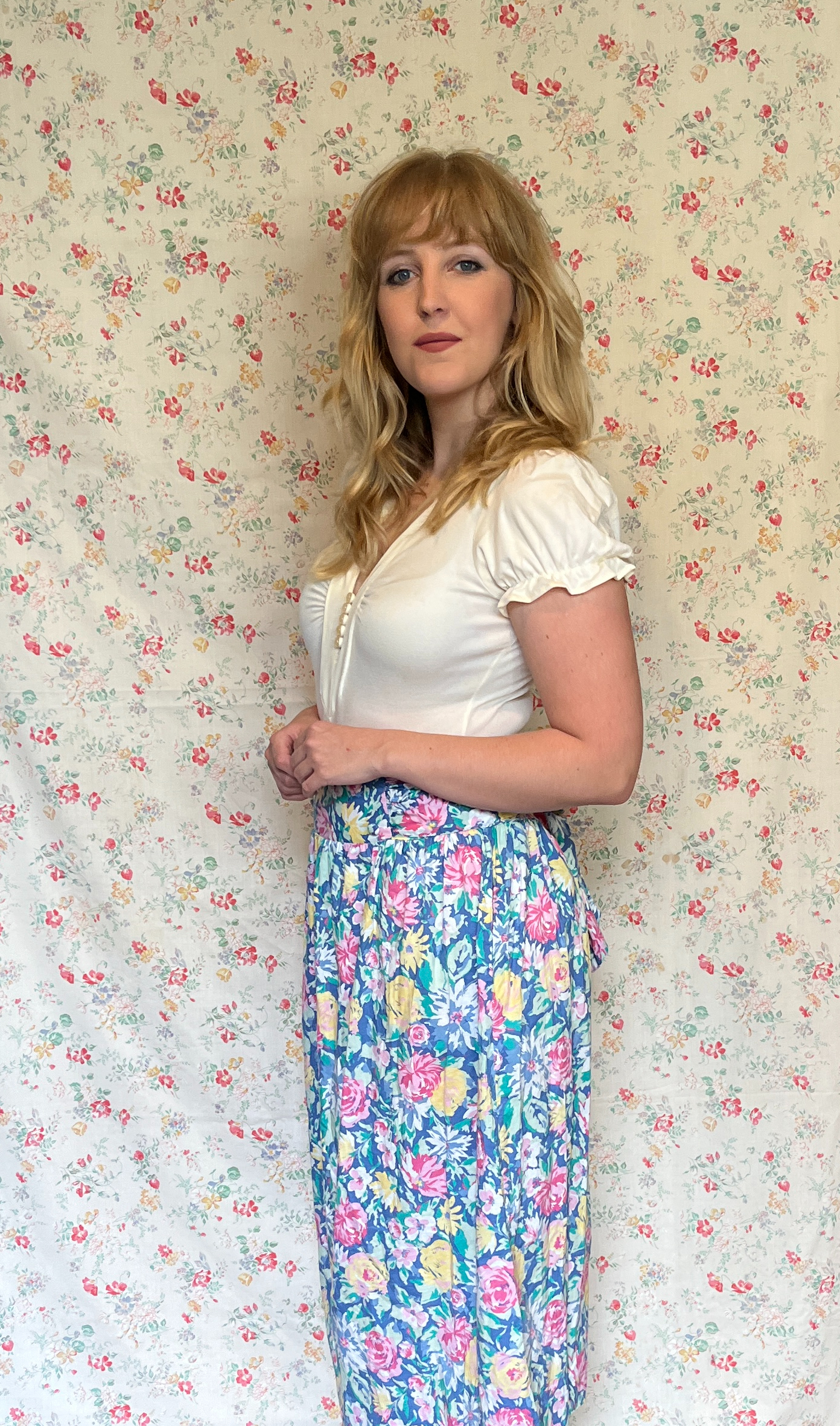 Vintage 1980’s "Laura Ashley" Blue, Pink & Yellow Floral Midi Skirt with Sash