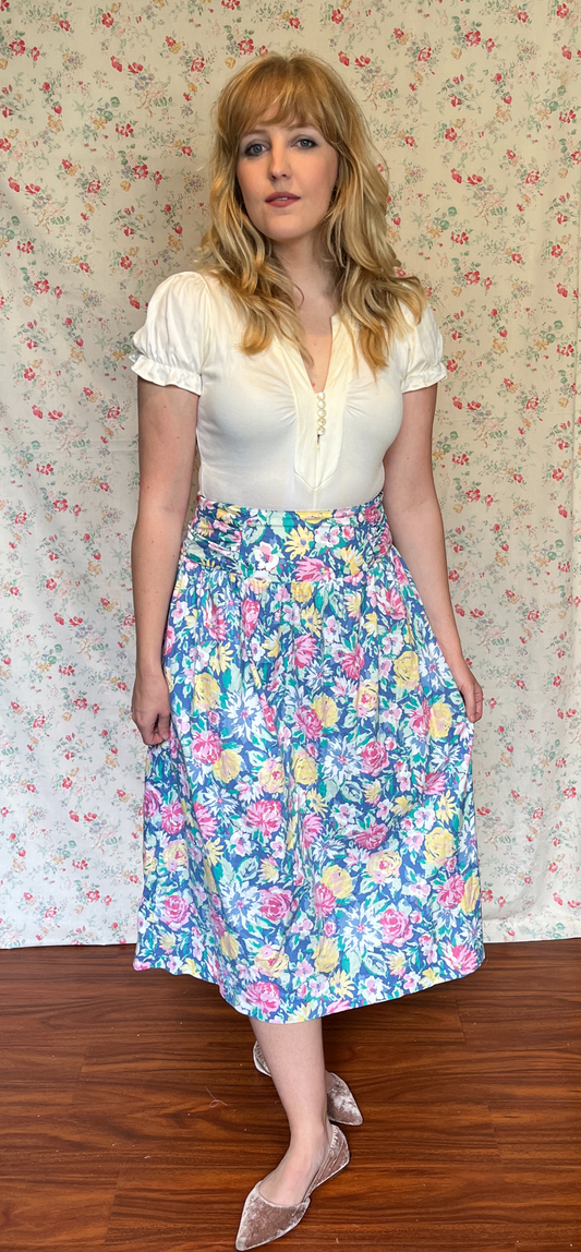 Vintage 1980’s "Laura Ashley" Blue, Pink & Yellow Floral Midi Skirt with Sash