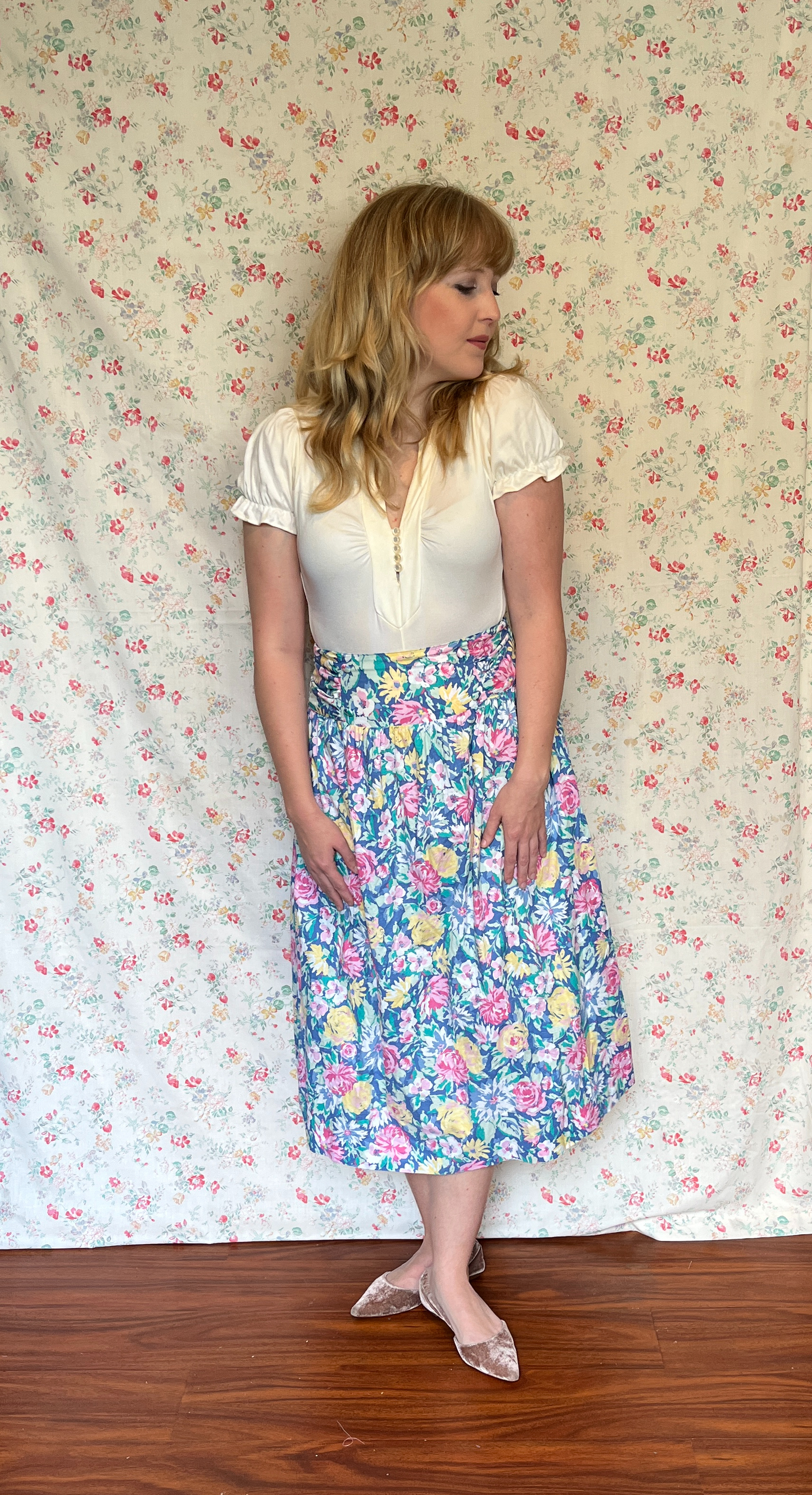 Vintage 1980’s "Laura Ashley" Blue, Pink & Yellow Floral Midi Skirt with Sash