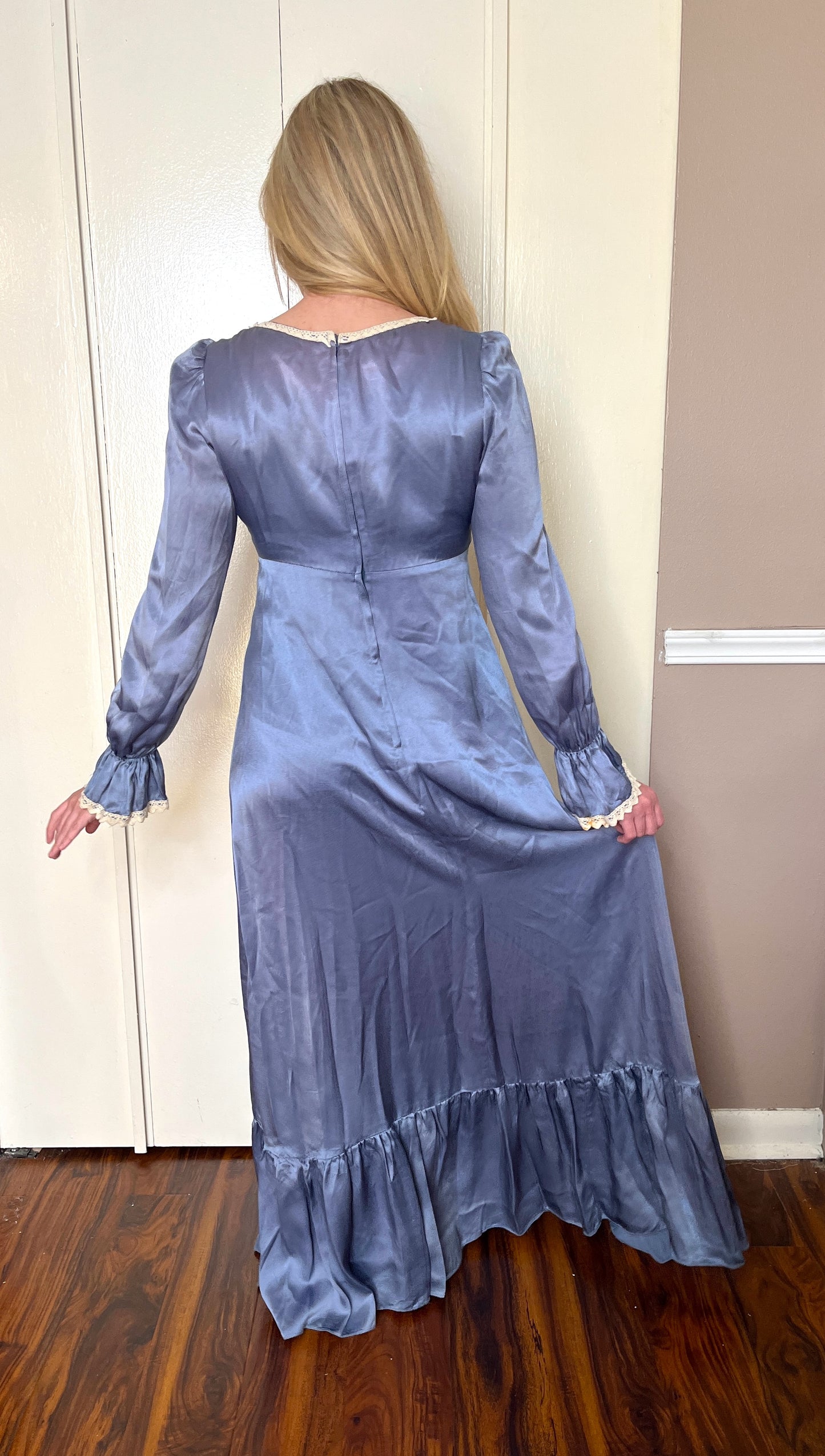 Vintage 1970’s "Gunne Sax by Jessica McClintock" Indigo Satin-Crepe Long Sleeve Maxi Dress