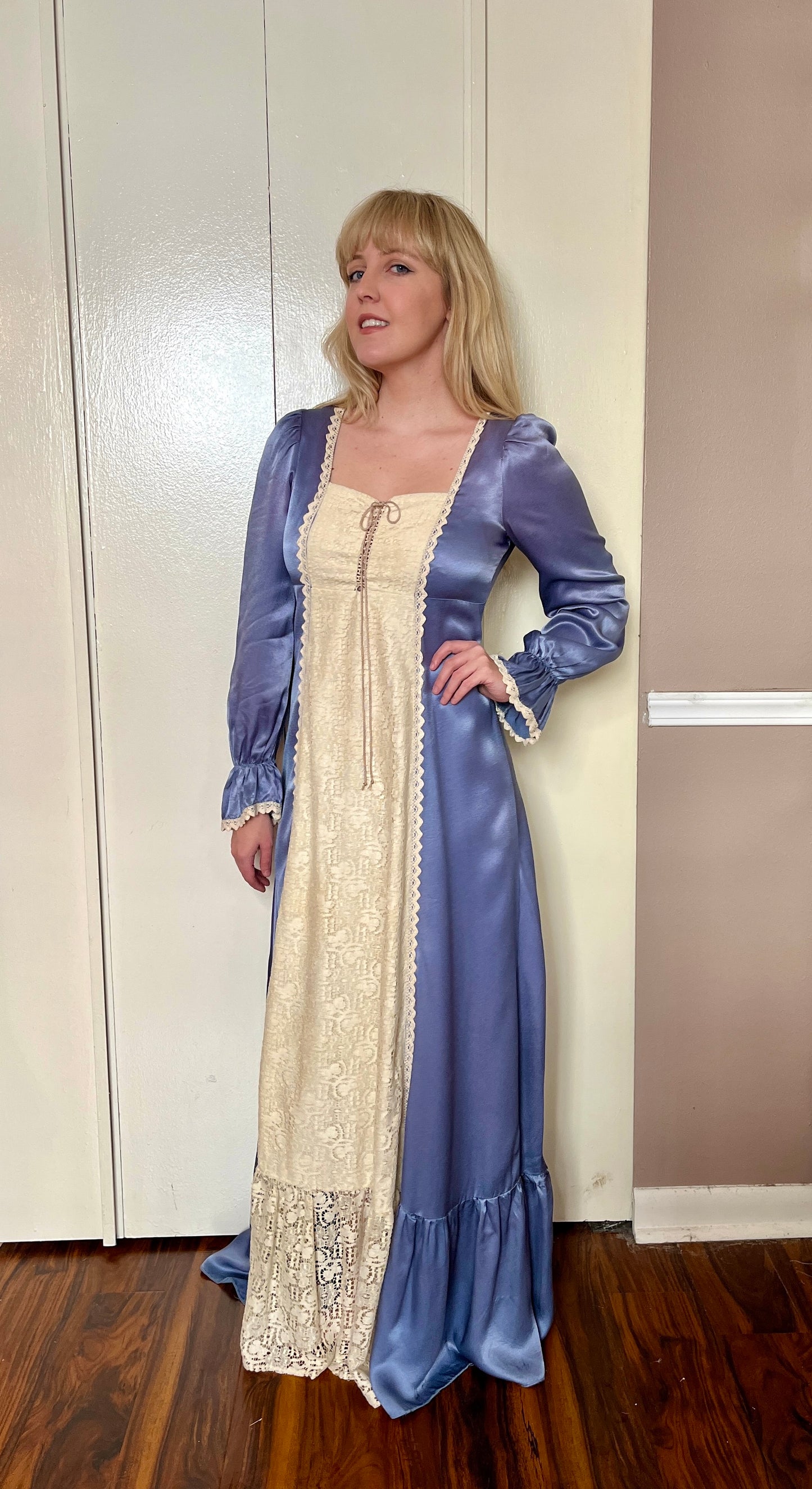 Vintage 1970’s "Gunne Sax by Jessica McClintock" Indigo Satin-Crepe Long Sleeve Maxi Dress