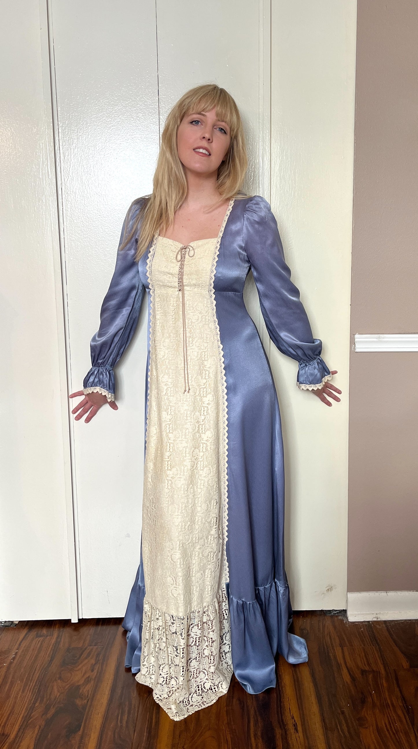 Vintage 1970’s "Gunne Sax by Jessica McClintock" Indigo Satin-Crepe Long Sleeve Maxi Dress