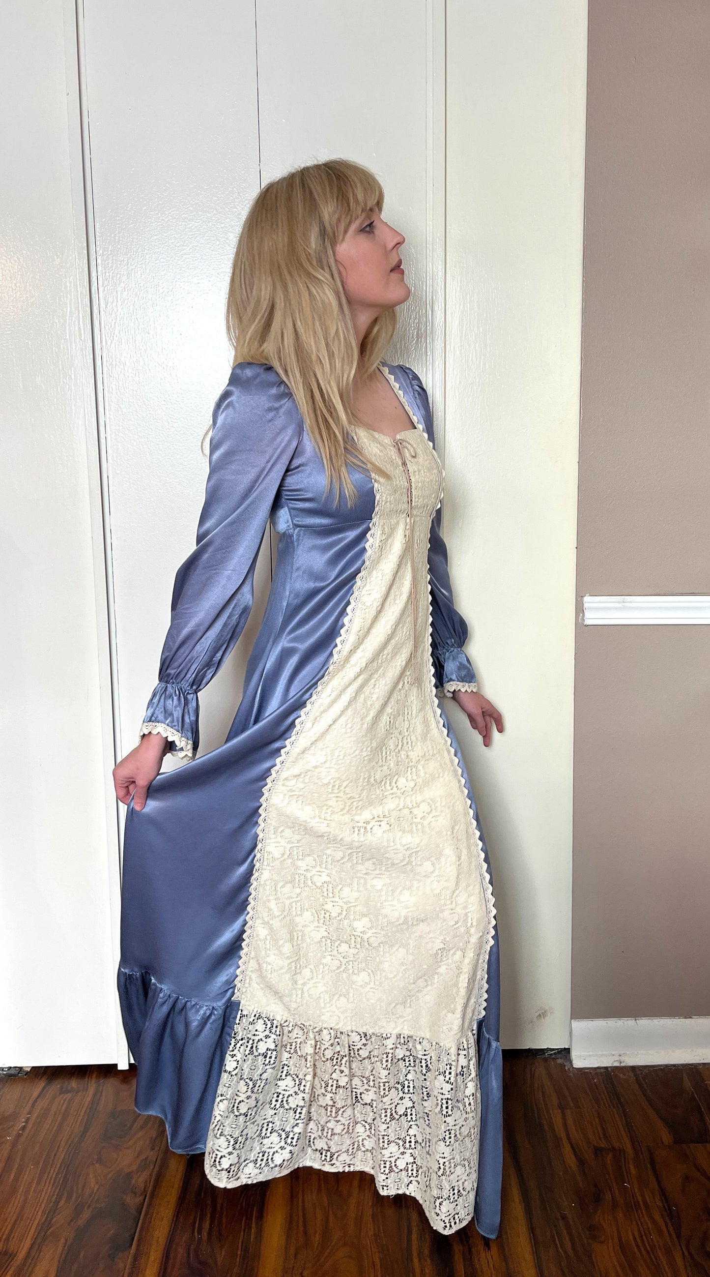 Vintage 1970’s "Gunne Sax by Jessica McClintock" Indigo Satin-Crepe Long Sleeve Maxi Dress