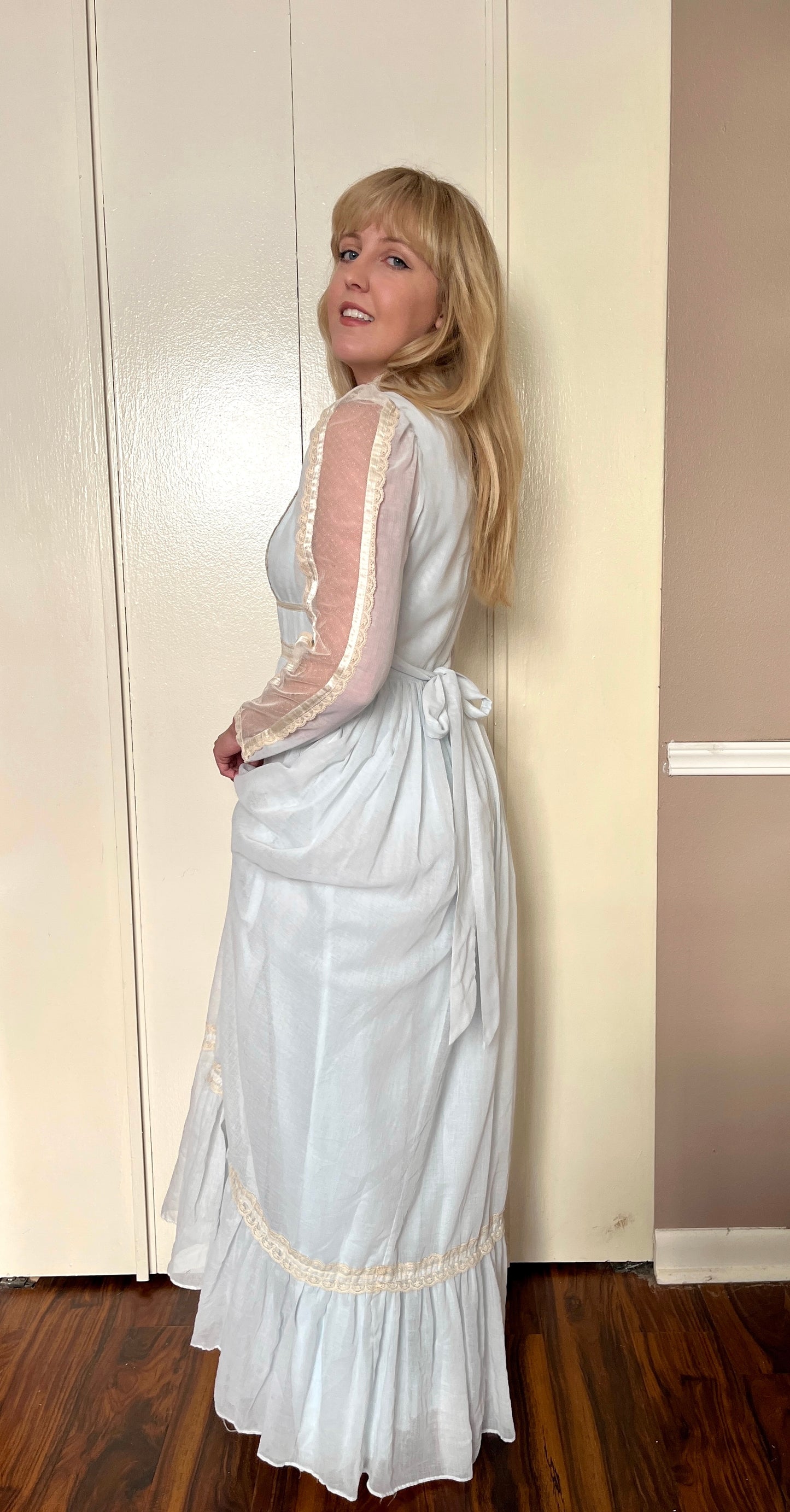 Vintage 1970’s "Gunne Sax by Jessica McClintock" Cameo-Front Baby Blue Maxi Dress