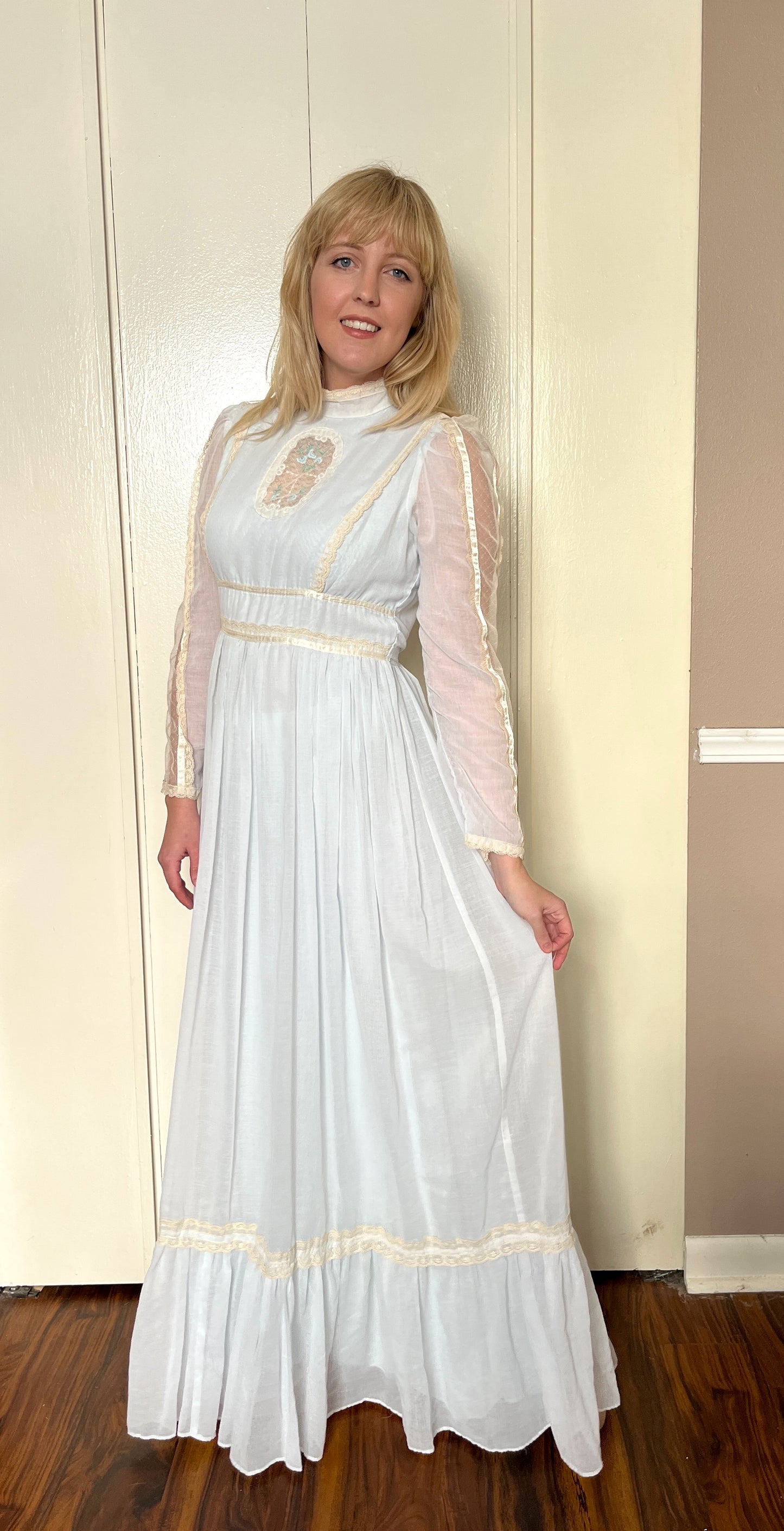 Vintage 1970’s "Gunne Sax by Jessica McClintock" Cameo-Front Baby Blue Maxi Dress