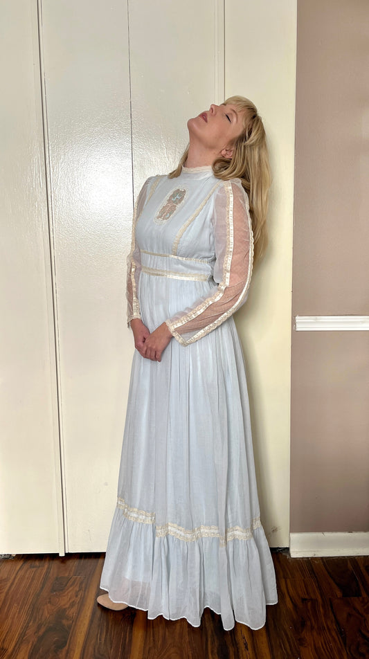 Vintage 1970’s "Gunne Sax by Jessica McClintock" Cameo-Front Baby Blue Maxi Dress