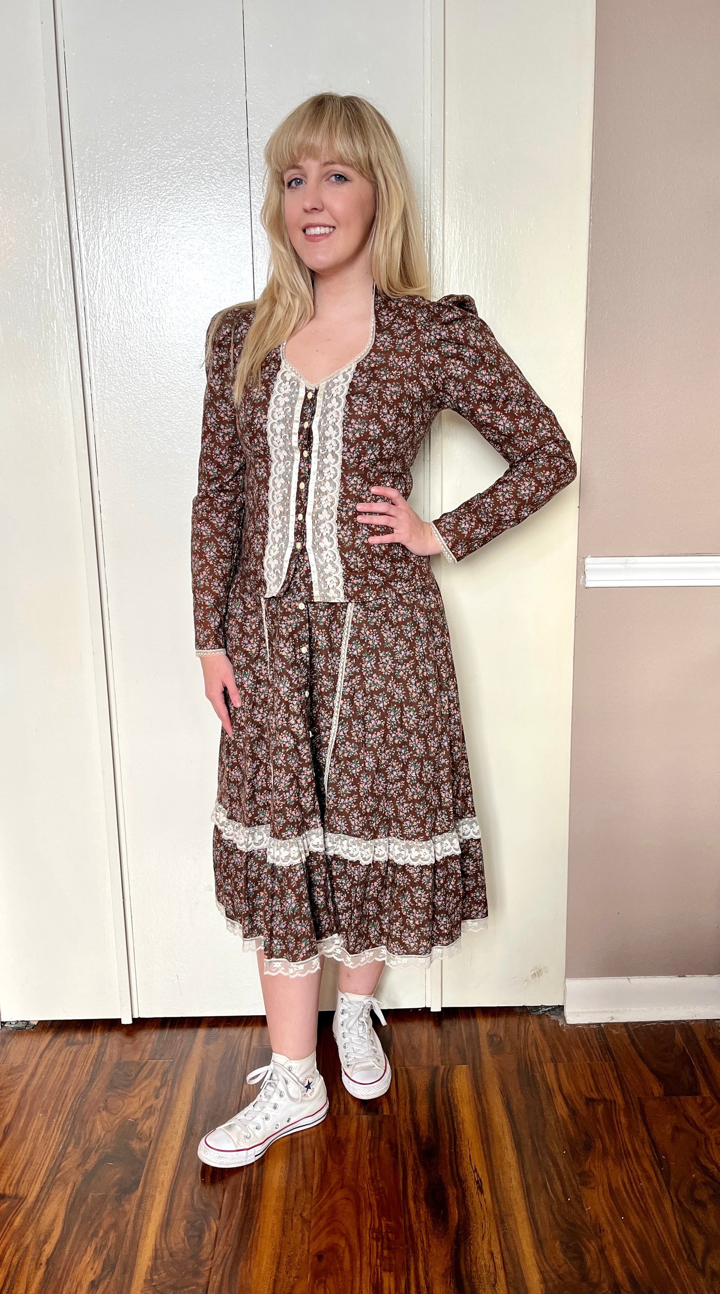 Vintage 1970’s "Gunne Sax by Jessica McClintock" Brown Calico Top & Skirt Set