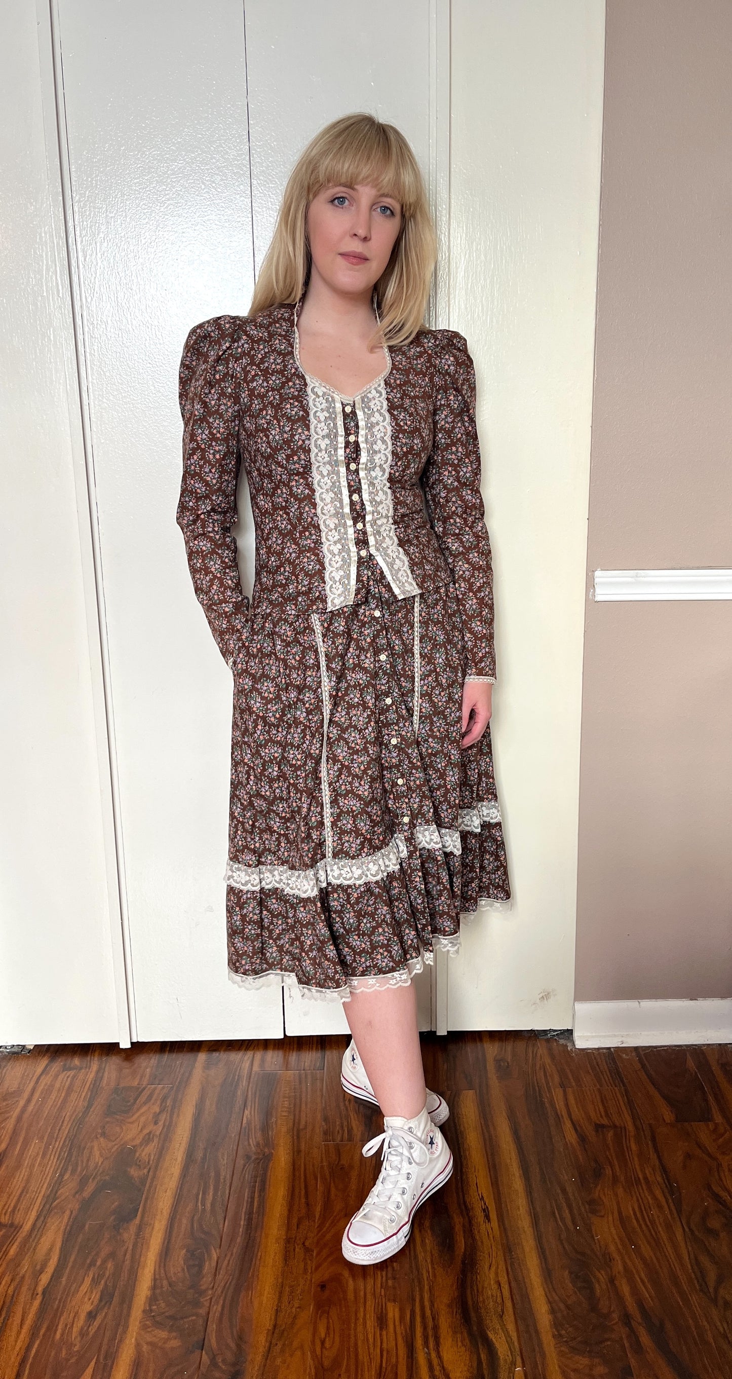 Vintage 1970’s "Gunne Sax by Jessica McClintock" Brown Calico Top & Skirt Set